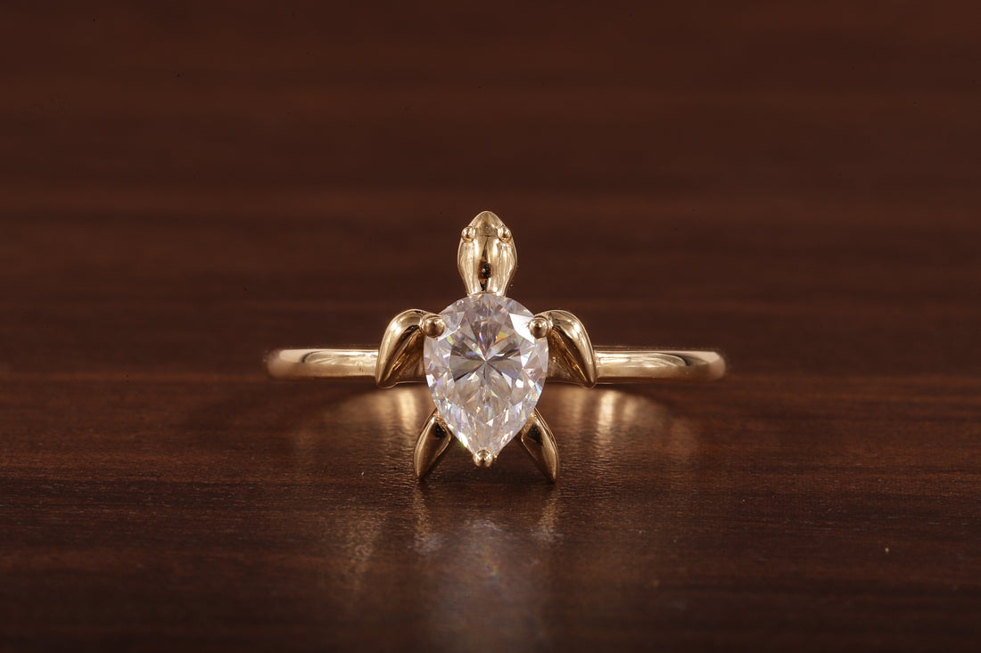14k Gold Tortoise Ring, Solid Gold Turtle Ring, Dainty Pear Moissanite Ring