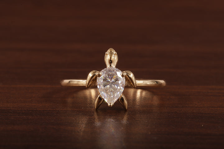 14k Gold Tortoise Ring, Solid Gold Turtle Ring, Dainty Pear Moissanite Ring