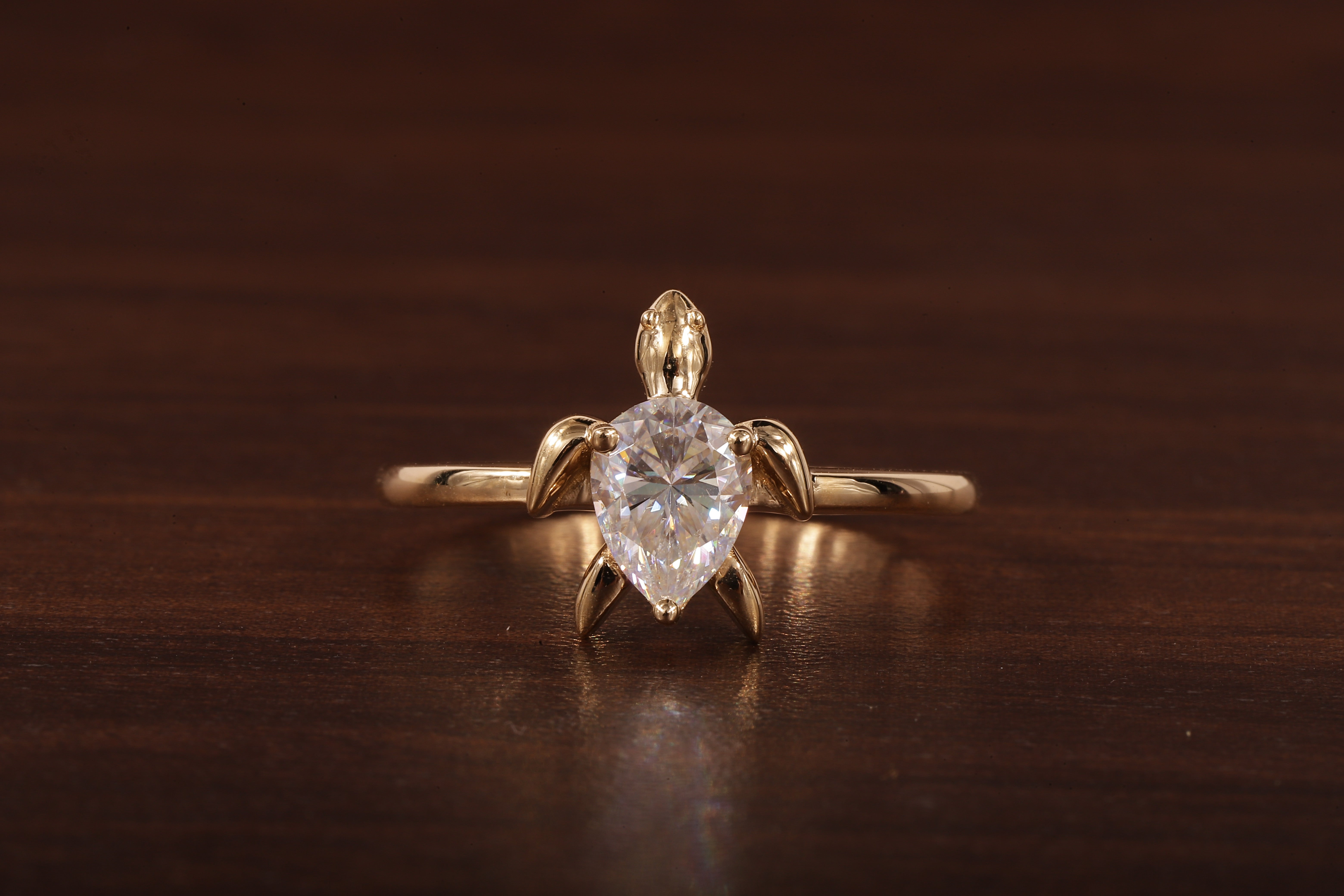 14k Gold Tortoise Ring, Solid Gold Turtle Ring, Dainty Pear Moissanite Ring