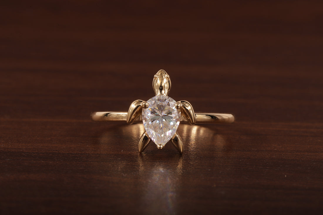 14k Gold Tortoise Ring, Solid Gold Turtle Ring, Dainty Pear Moissanite Ring