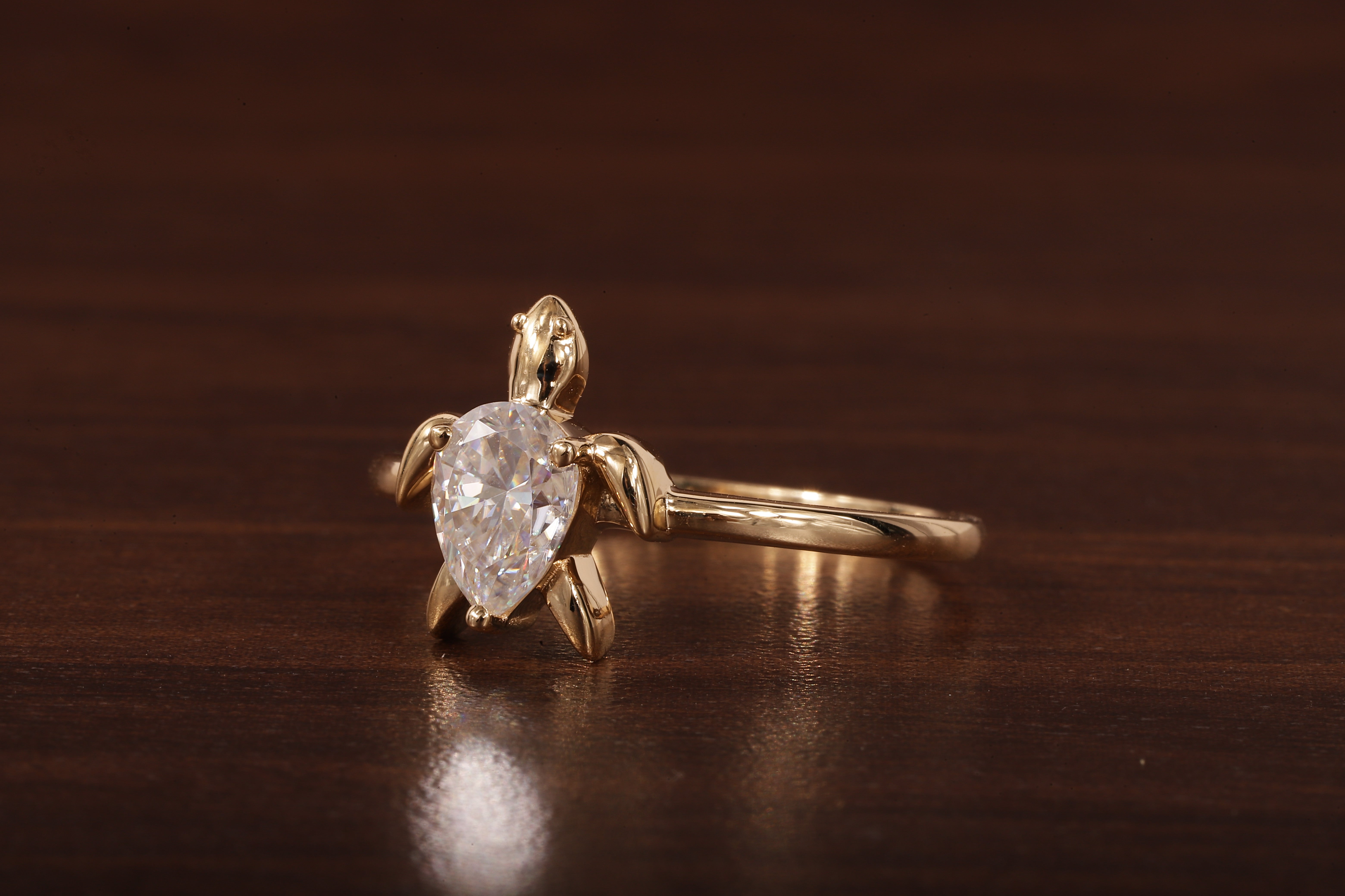 14k Gold Tortoise Ring, Solid Gold Turtle Ring, Dainty Pear Moissanite Ring