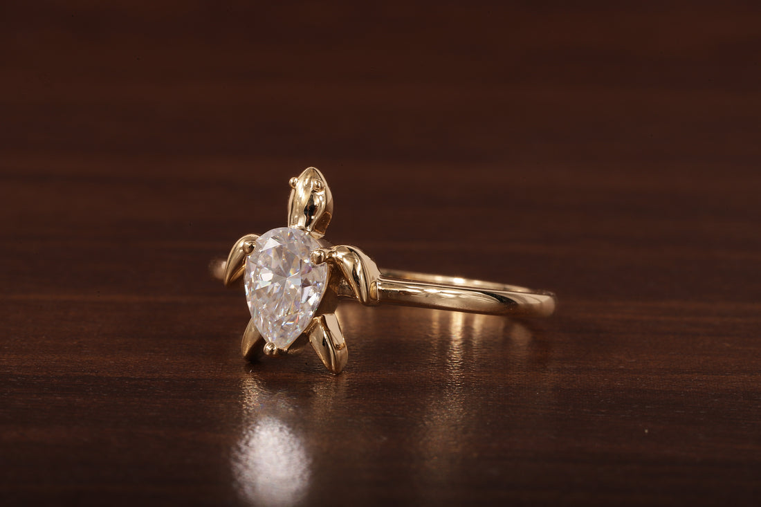14k Gold Tortoise Ring, Solid Gold Turtle Ring, Dainty Pear Moissanite Ring