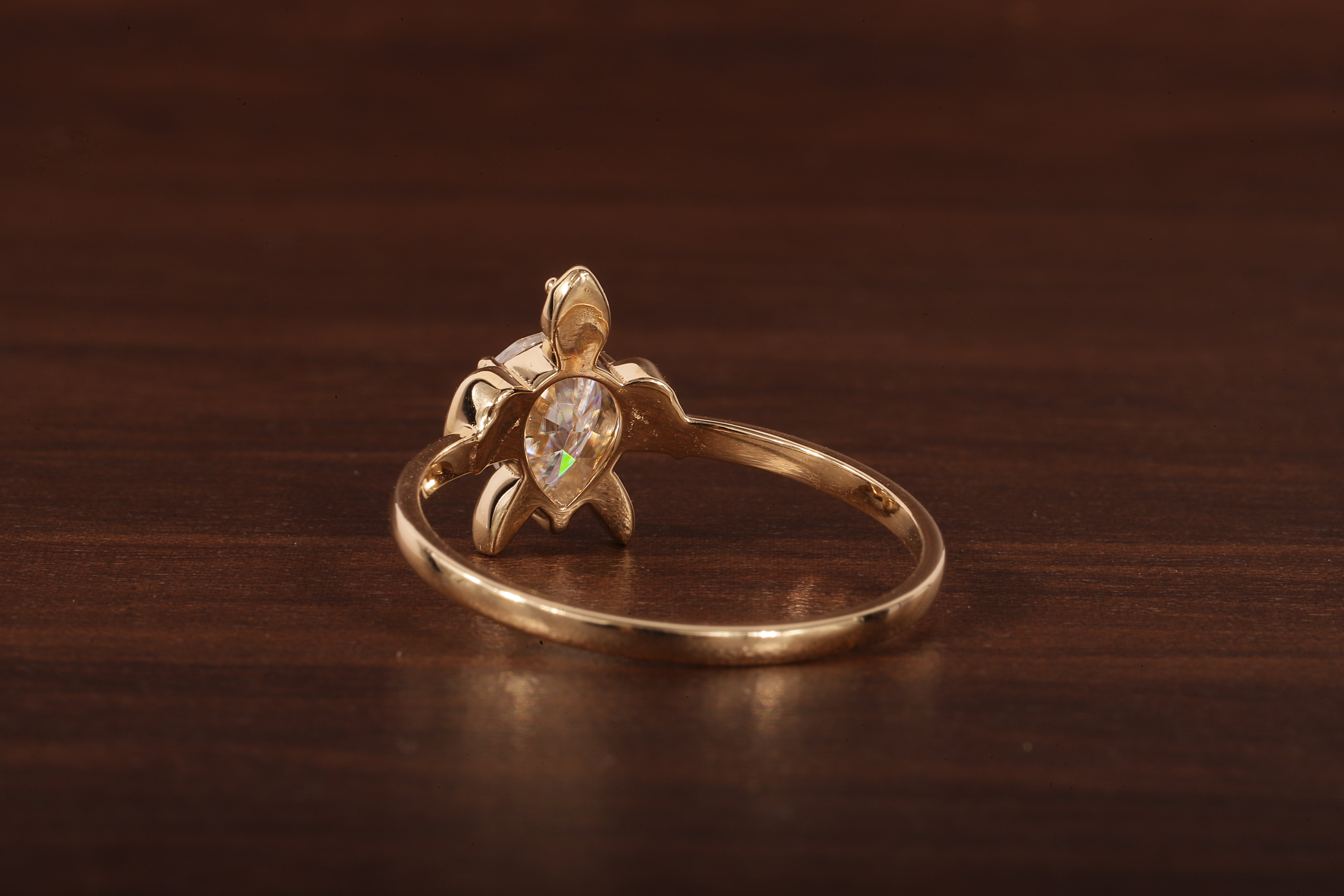 14k Gold Tortoise Ring, Solid Gold Turtle Ring, Dainty Pear Moissanite Ring