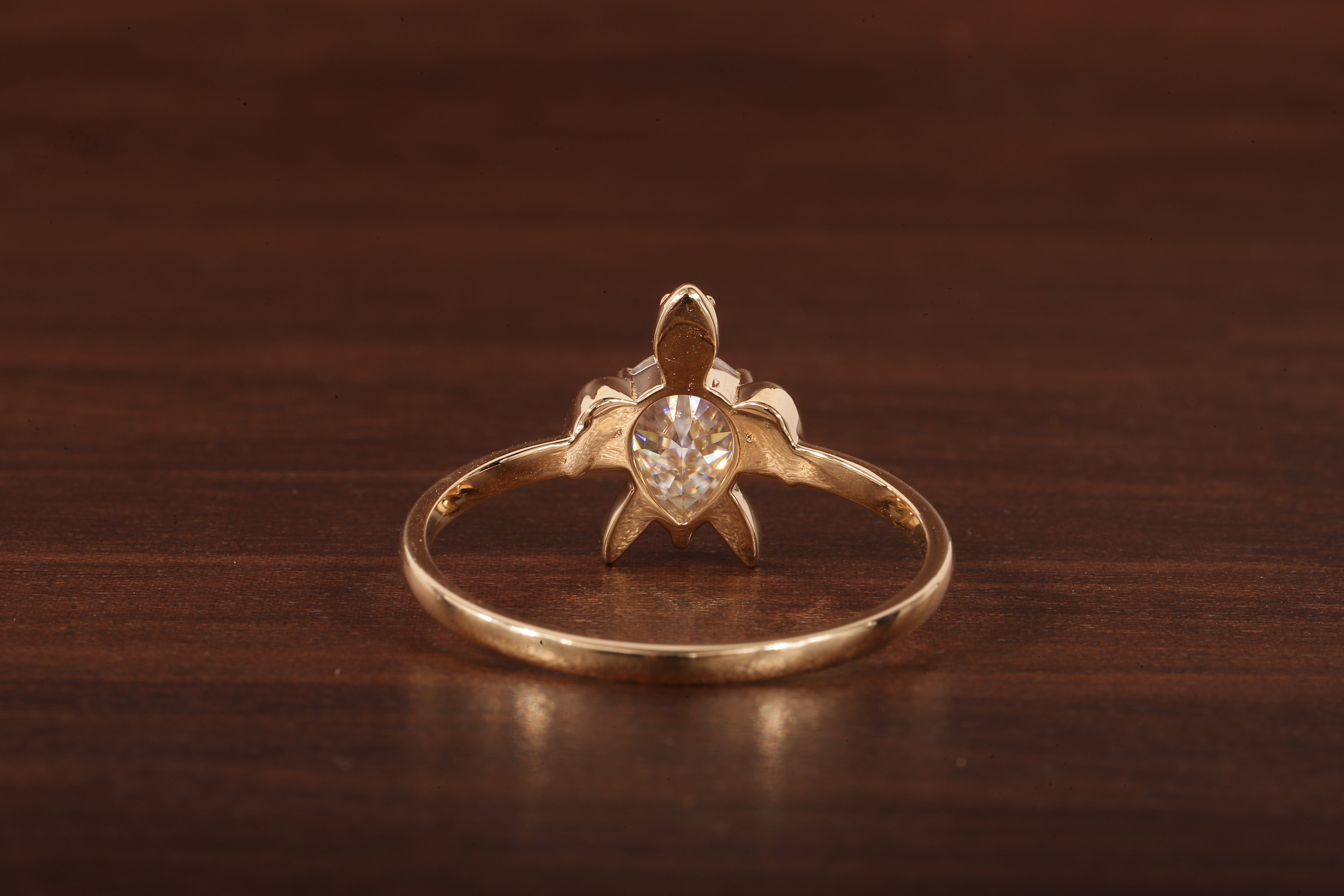 14k Gold Tortoise Ring, Solid Gold Turtle Ring, Dainty Pear Moissanite Ring