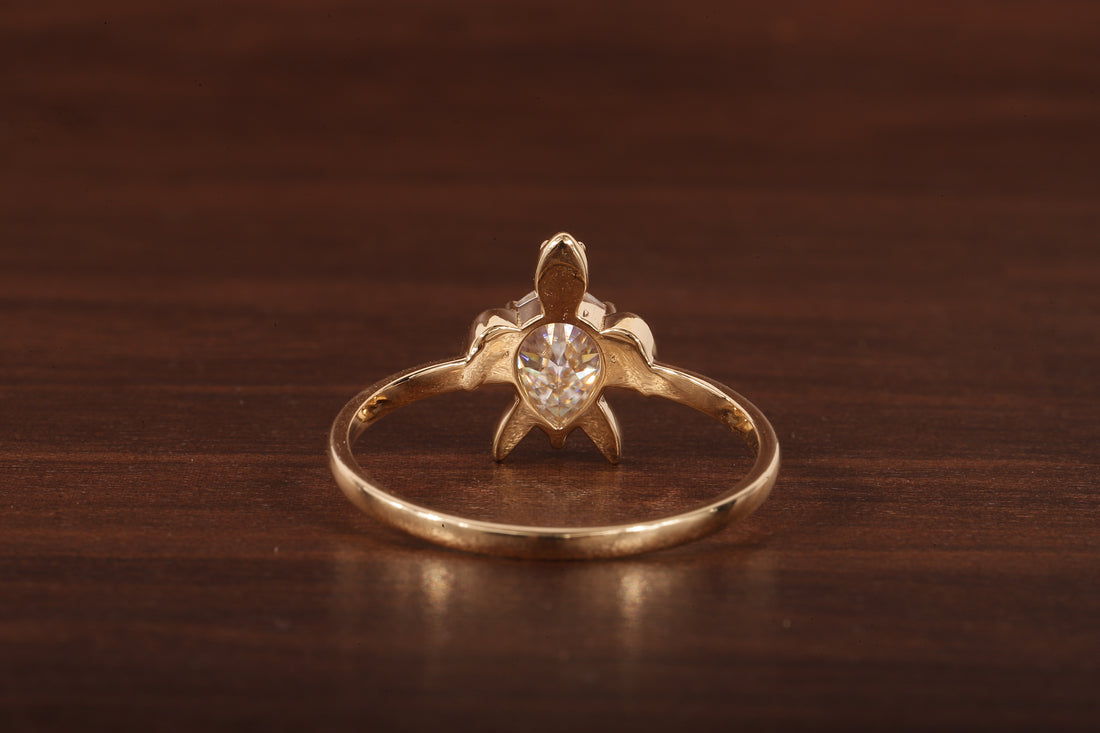 14k Gold Tortoise Ring, Solid Gold Turtle Ring, Dainty Pear Moissanite Ring