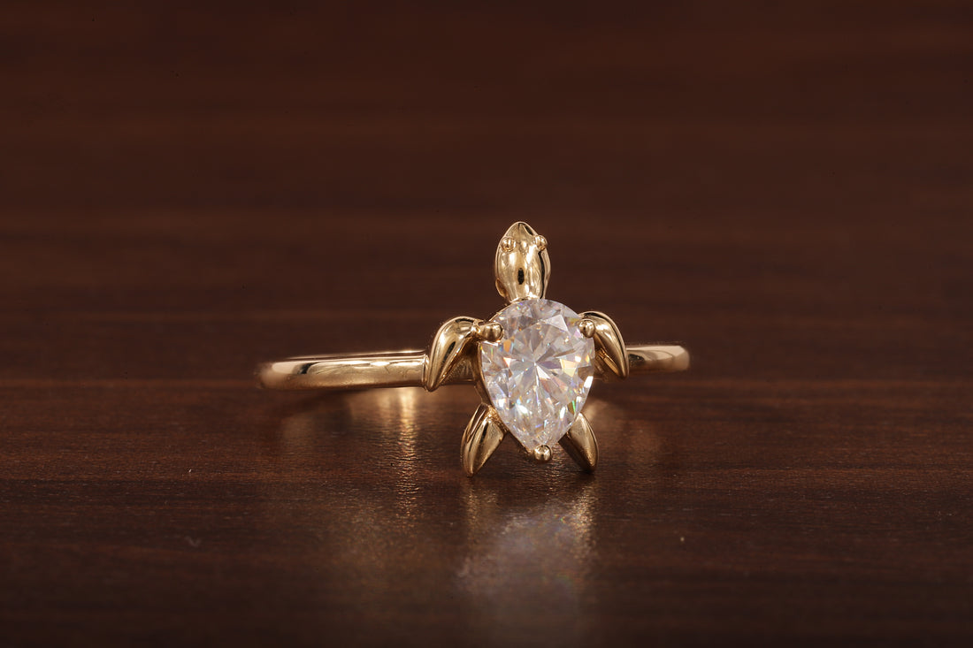 14k Gold Tortoise Ring, Solid Gold Turtle Ring, Dainty Pear Moissanite Ring