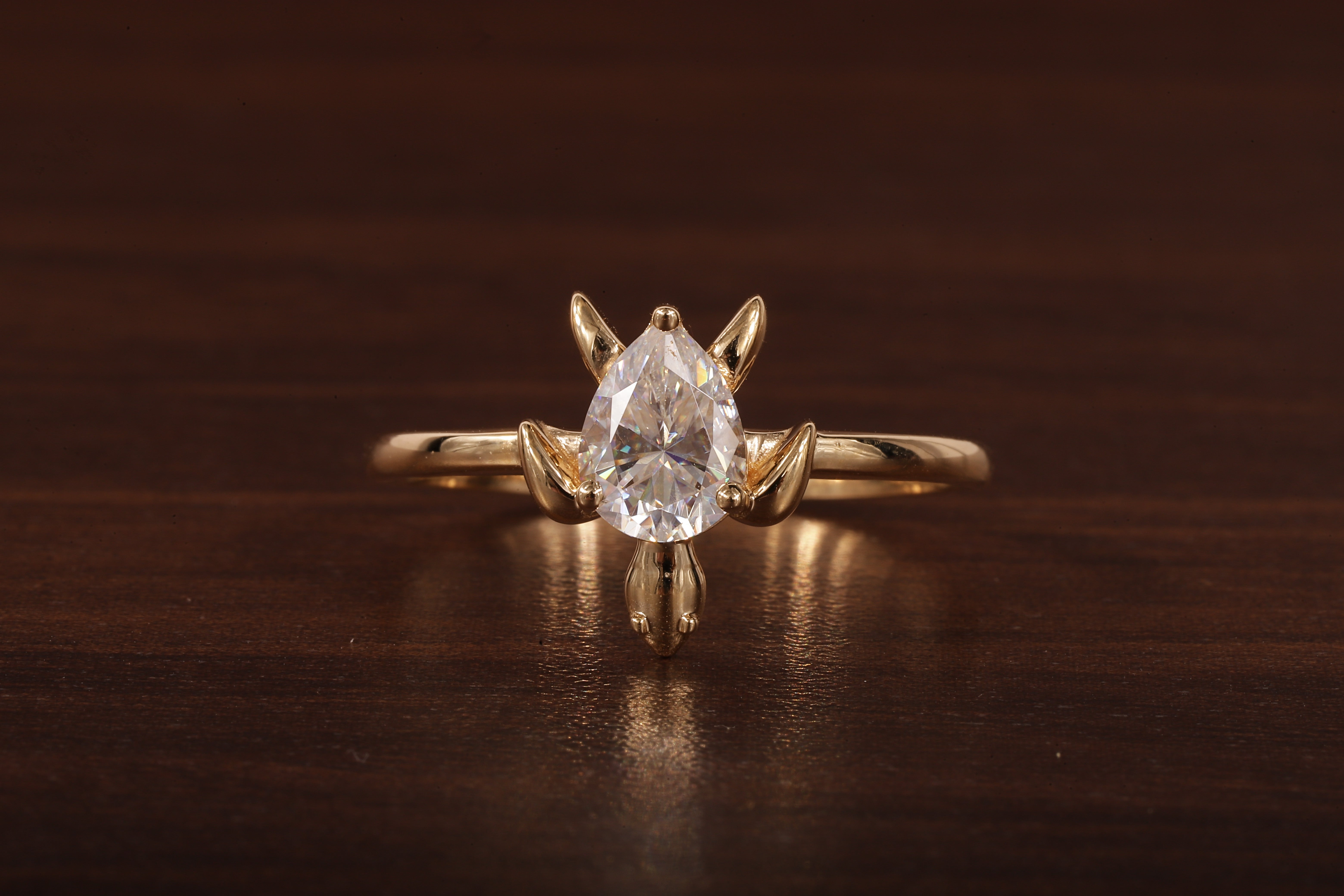 14k Gold Tortoise Ring, Solid Gold Turtle Ring, Dainty Pear Moissanite Ring