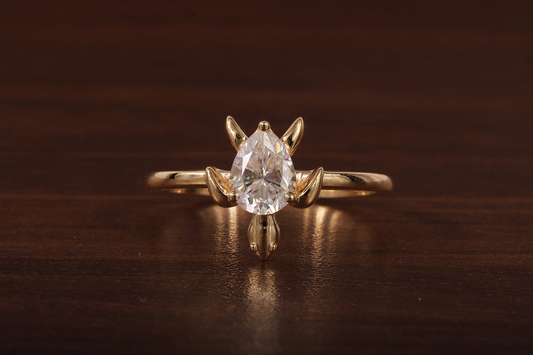 14k Gold Tortoise Ring, Solid Gold Turtle Ring, Dainty Pear Moissanite Ring