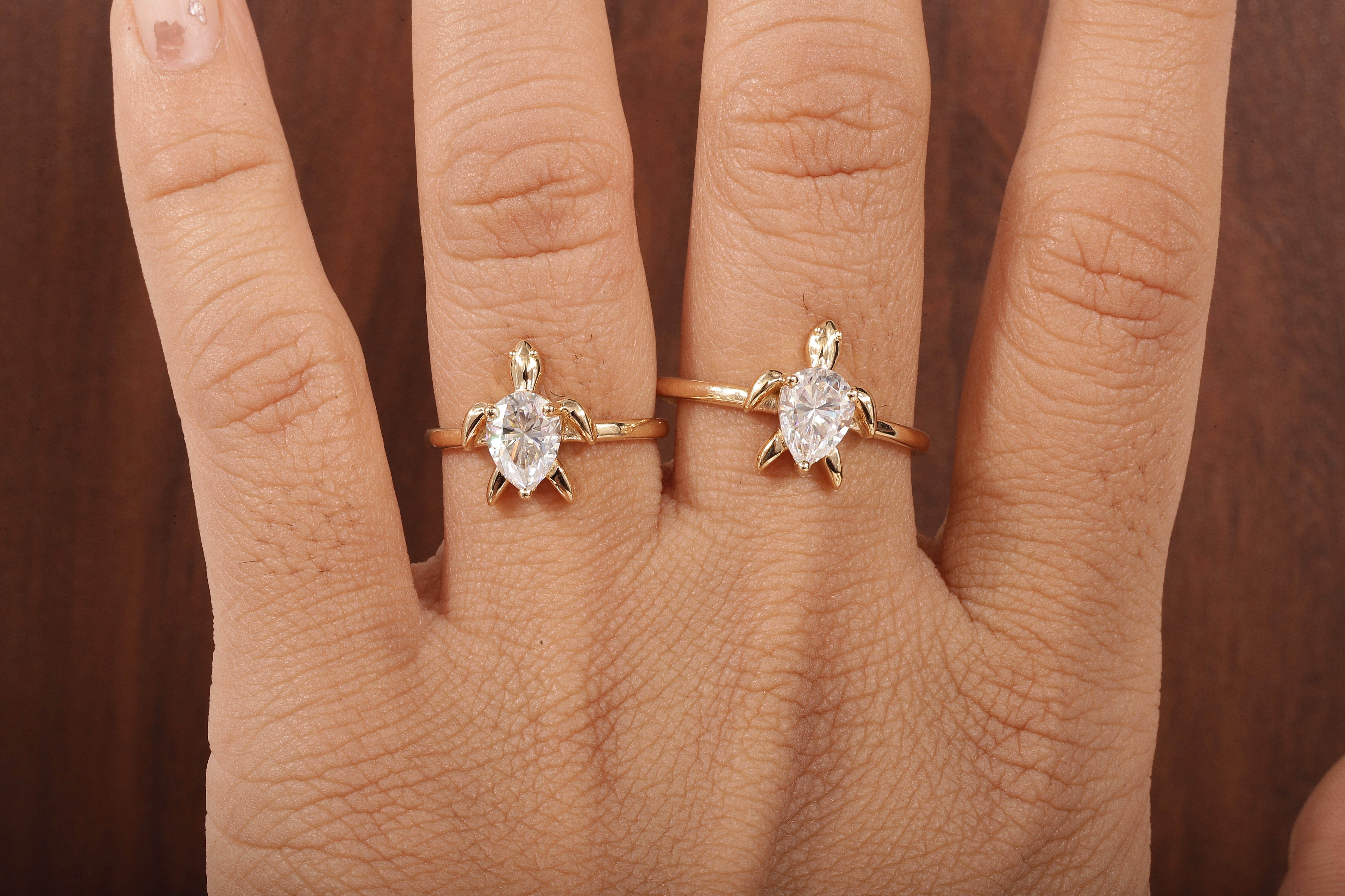 14k Gold Tortoise Ring, Solid Gold Turtle Ring, Dainty Pear Moissanite Ring