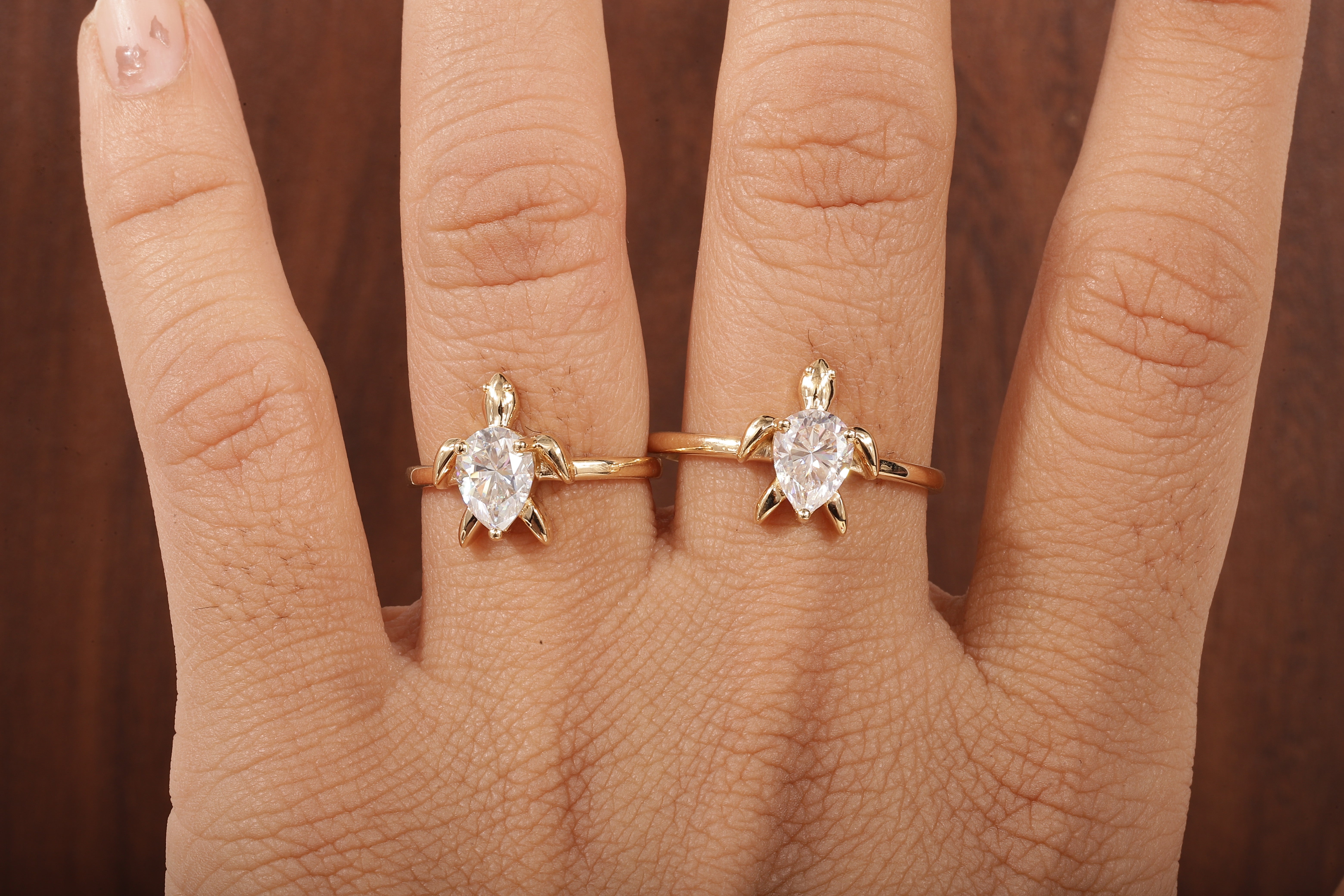 14k Gold Tortoise Ring, Solid Gold Turtle Ring, Dainty Pear Moissanite Ring