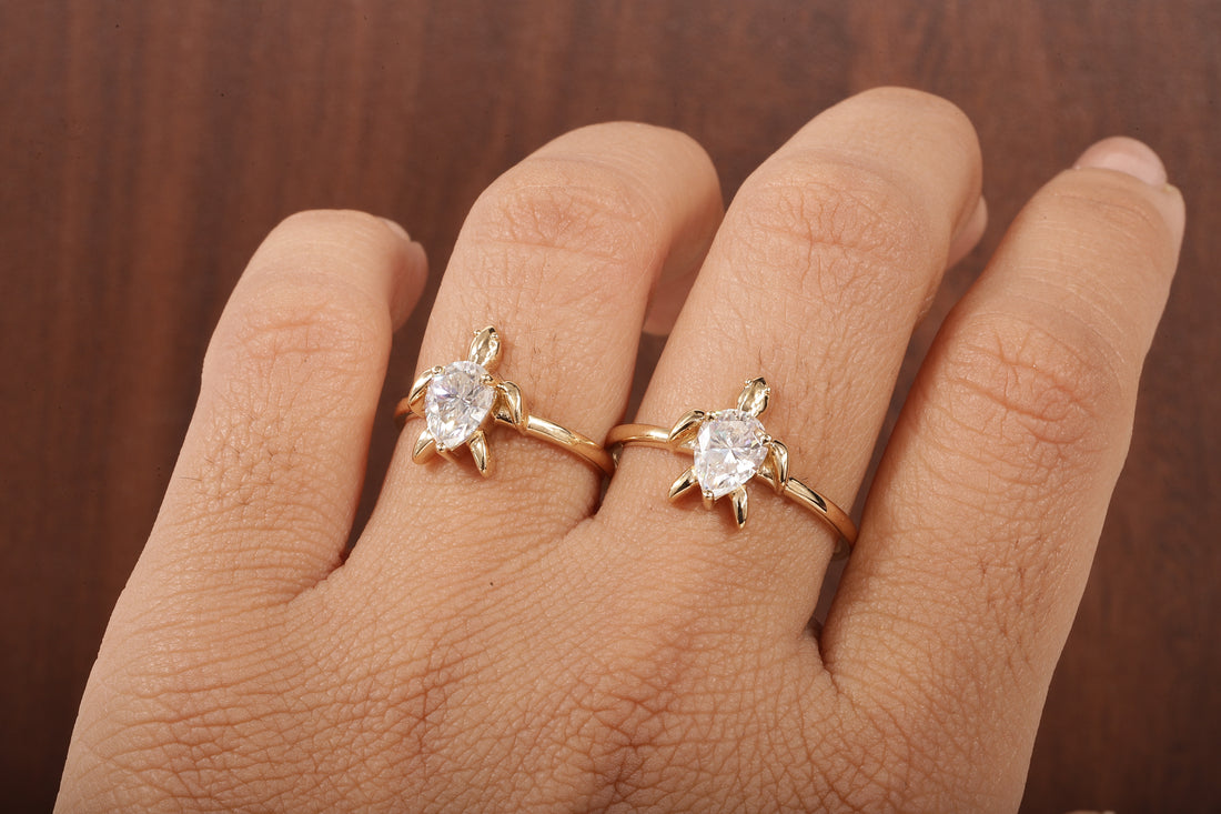 14k Gold Tortoise Ring, Solid Gold Turtle Ring, Dainty Pear Moissanite Ring