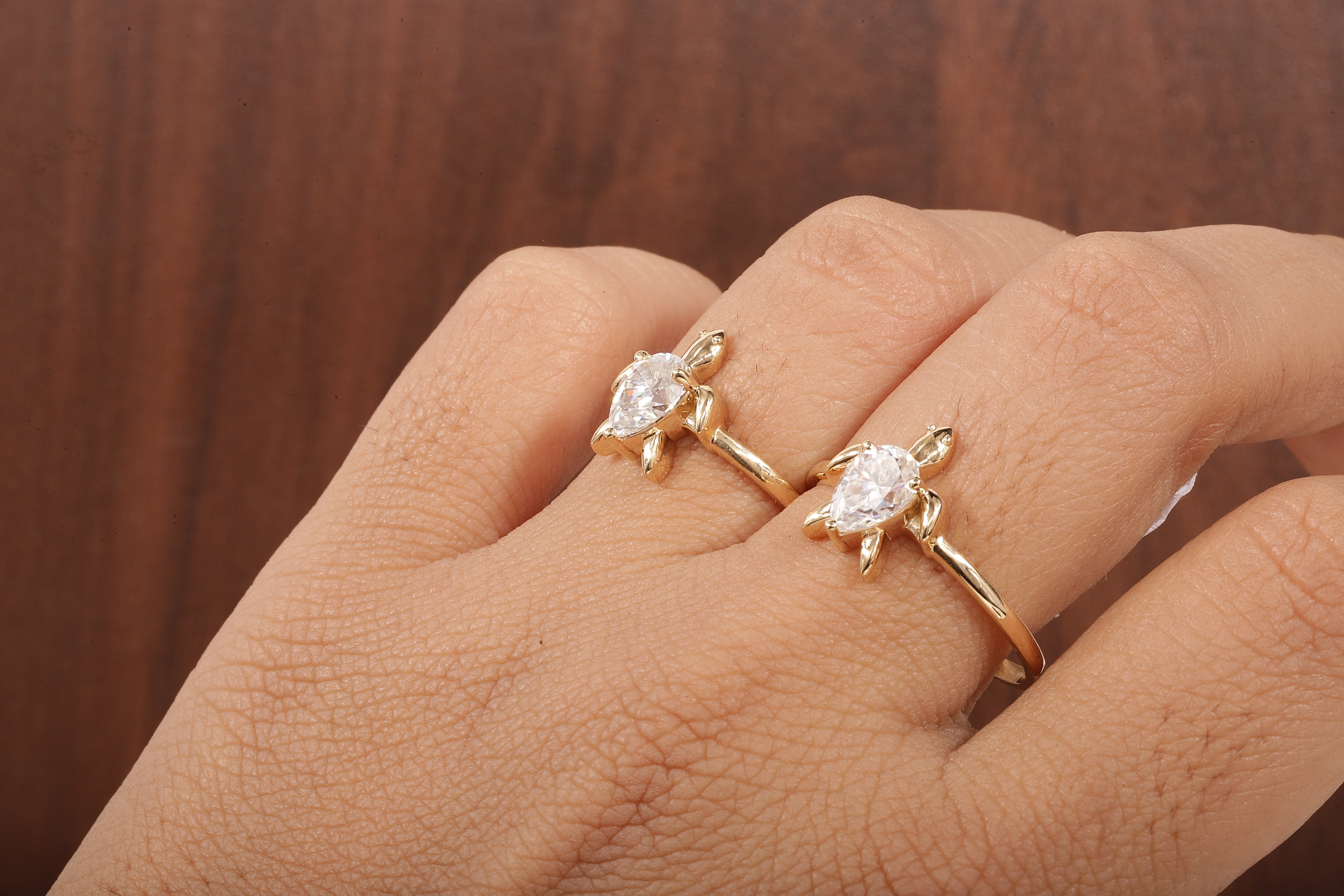 14k Gold Tortoise Ring, Solid Gold Turtle Ring, Dainty Pear Moissanite Ring