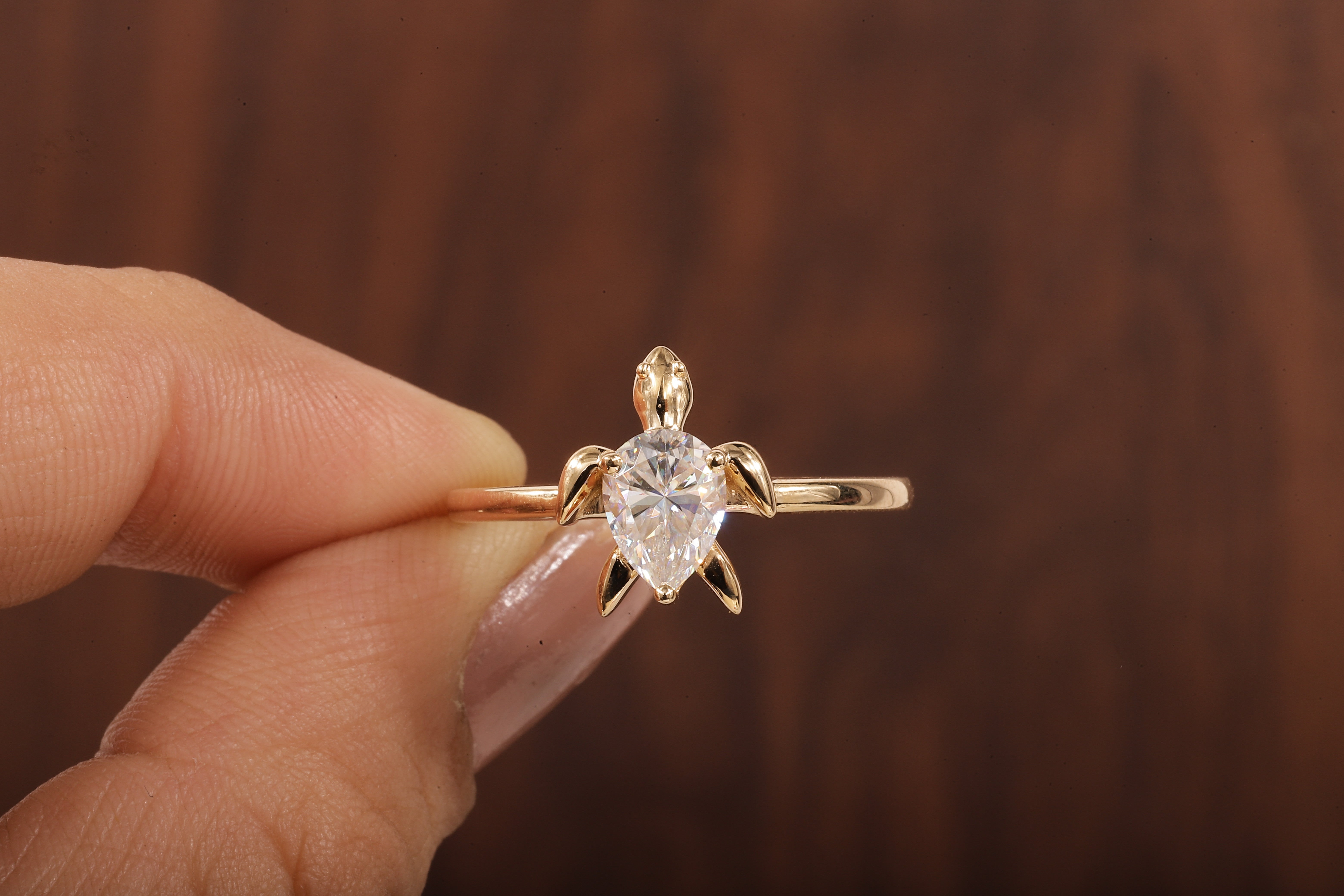 14k Gold Tortoise Ring, Solid Gold Turtle Ring, Dainty Pear Moissanite Ring