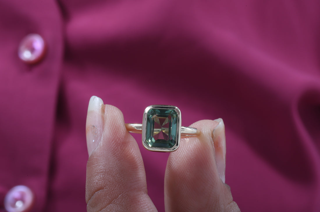 Amethyst Ring/ Genuine Green Amethyst Emerald Cut 2.5ct Engagement Ring