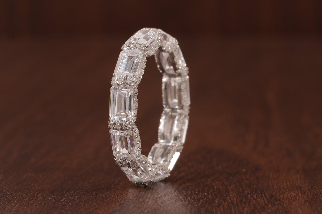 East West Emerald Cut Wedding Band,Hidden Halo Moissanite Band, Emerald Moissanite Matching Band