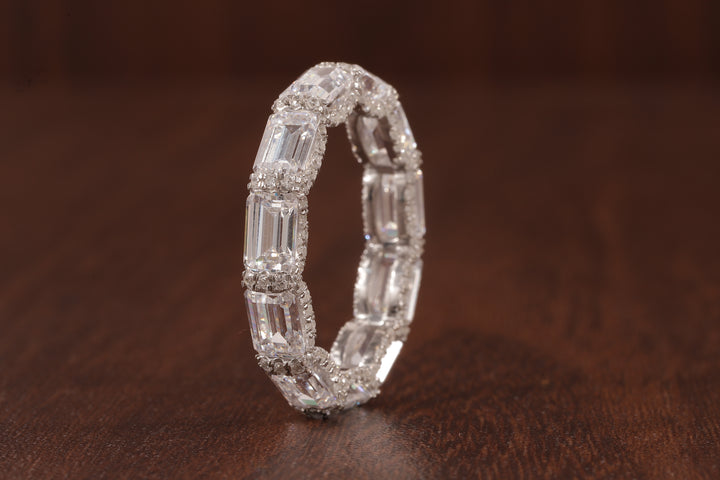 East West Emerald Cut Wedding Band, Hidden Halo Lab Grown Diamond Band