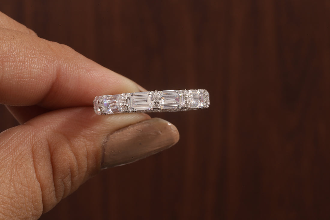 East West Emerald Cut Wedding Band,Hidden Halo Moissanite Band, Emerald Moissanite Matching Band