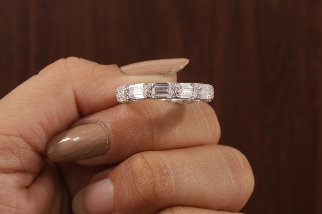 East West Emerald Cut Wedding Band,Hidden Halo Moissanite Band, Emerald Moissanite Matching Band