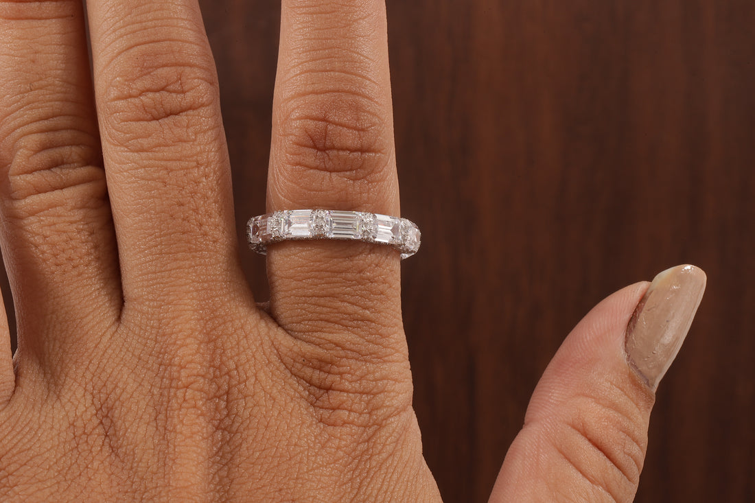 East West Emerald Cut Wedding Band,Hidden Halo Moissanite Band, Emerald Moissanite Matching Band