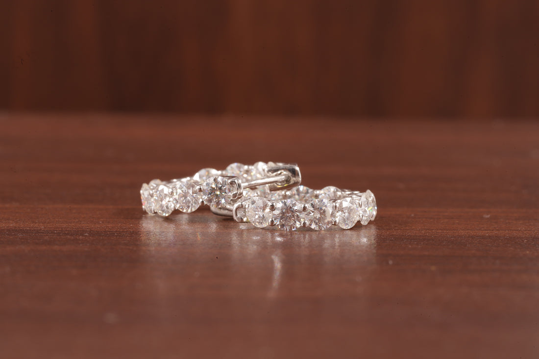 Moissanite Hoop Earrings, 14K White Gold Earrings Colorless Round Cut Moissanite Wedding