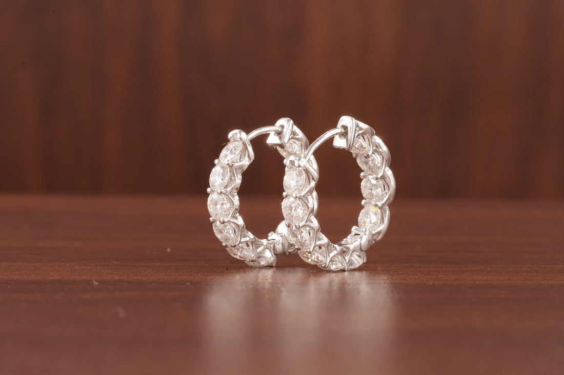 Moissanite Hoop Earrings, 14K White Gold Earrings Colorless Round Cut Moissanite Wedding