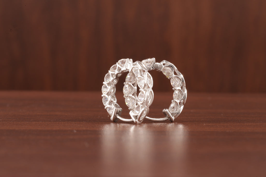 Moissanite Hoop Earrings, 14K White Gold Earrings Colorless Round Cut Moissanite Wedding