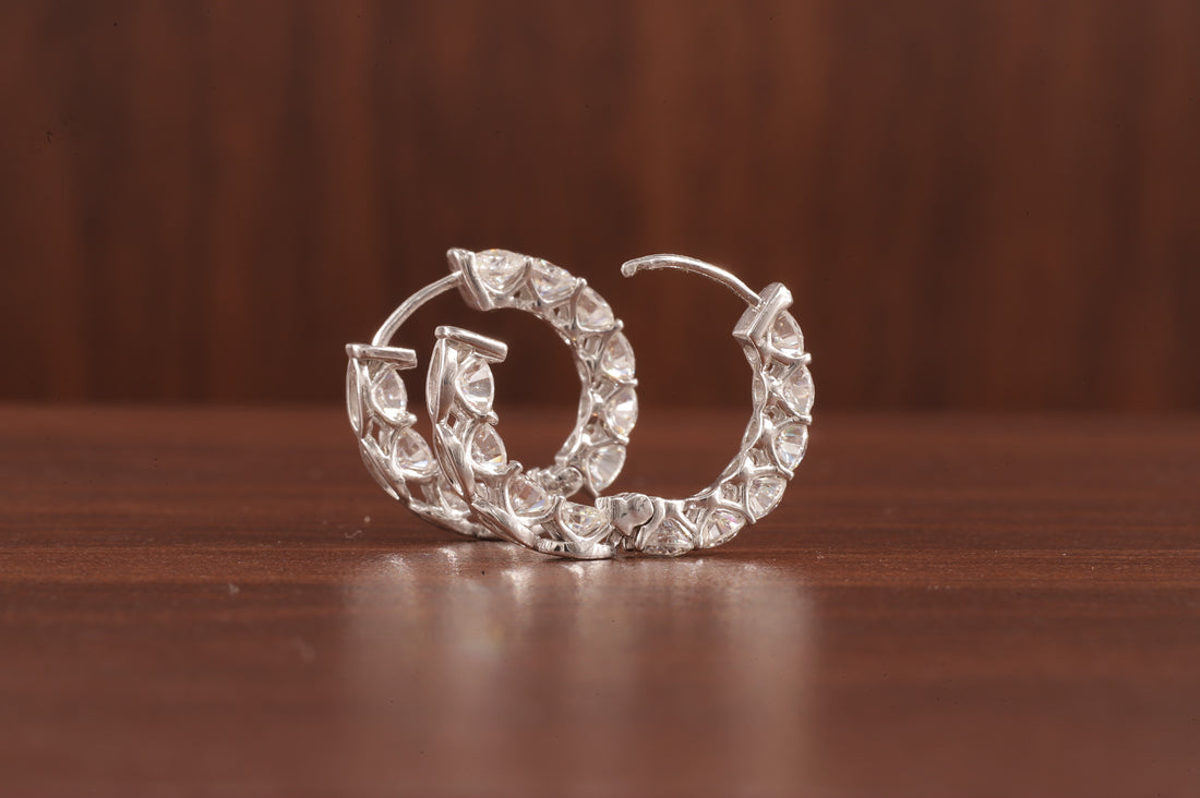 Moissanite Hoop Earrings, 14K White Gold Earrings Colorless Round Cut Moissanite Wedding