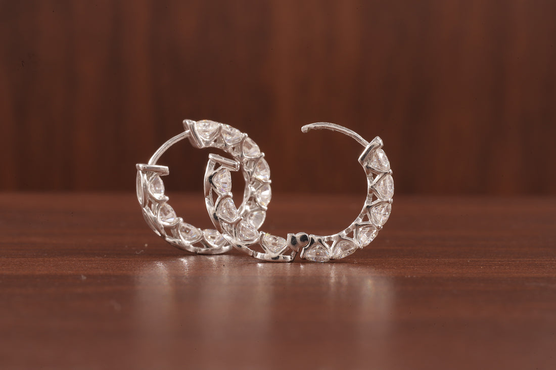 Moissanite Hoop Earrings, 14K White Gold Earrings Colorless Round Cut Moissanite Wedding
