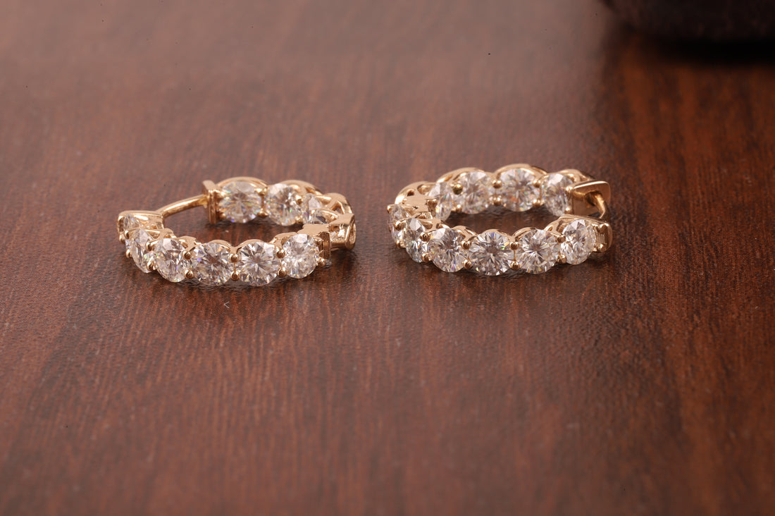 Moissanite Hoop Earrings, 14K White Gold Earrings Colorless Round Cut Moissanite Wedding