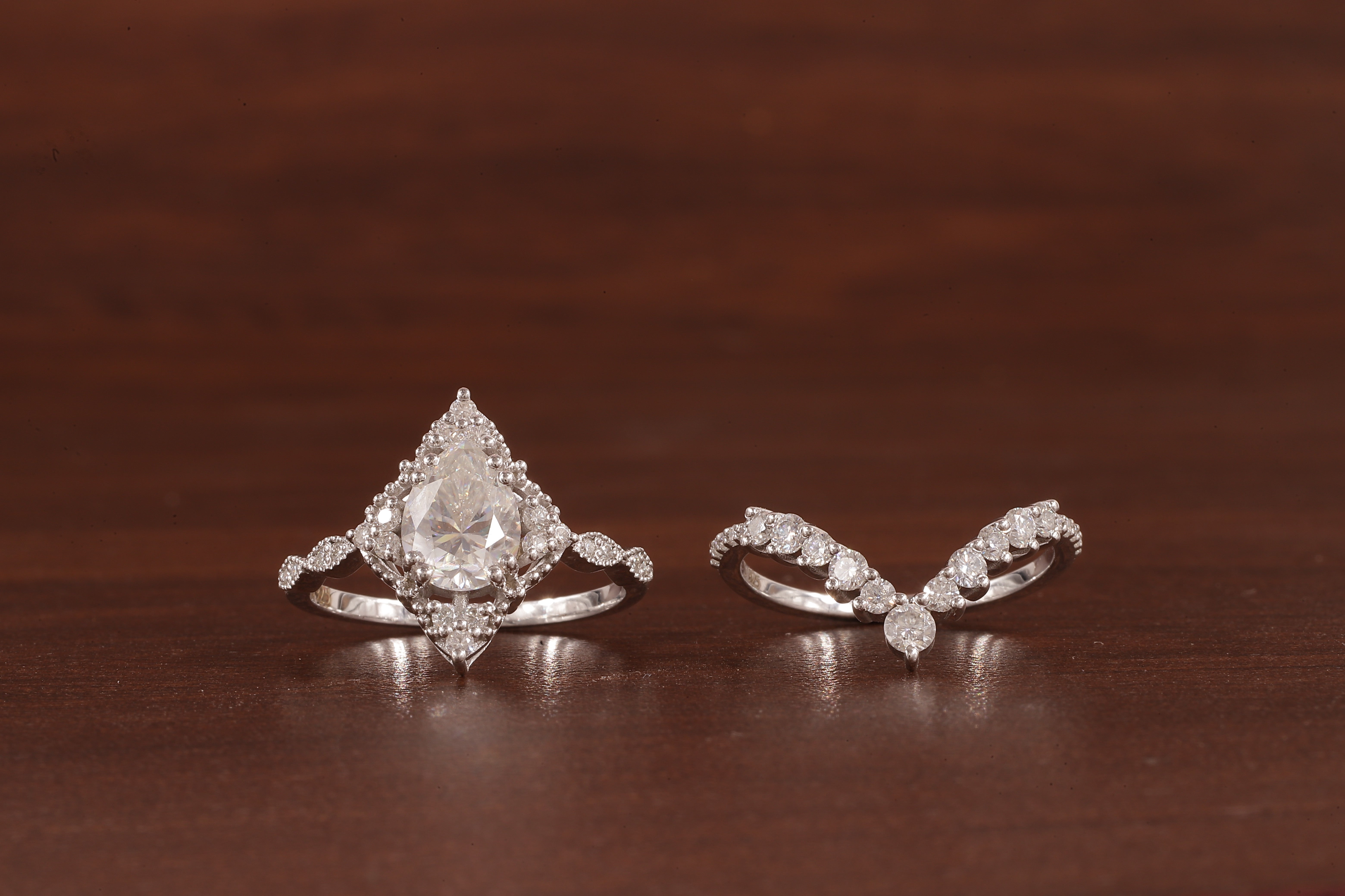 Vintage Moissanite Engagement Ring Set White Gold Pear Shaped Cluster