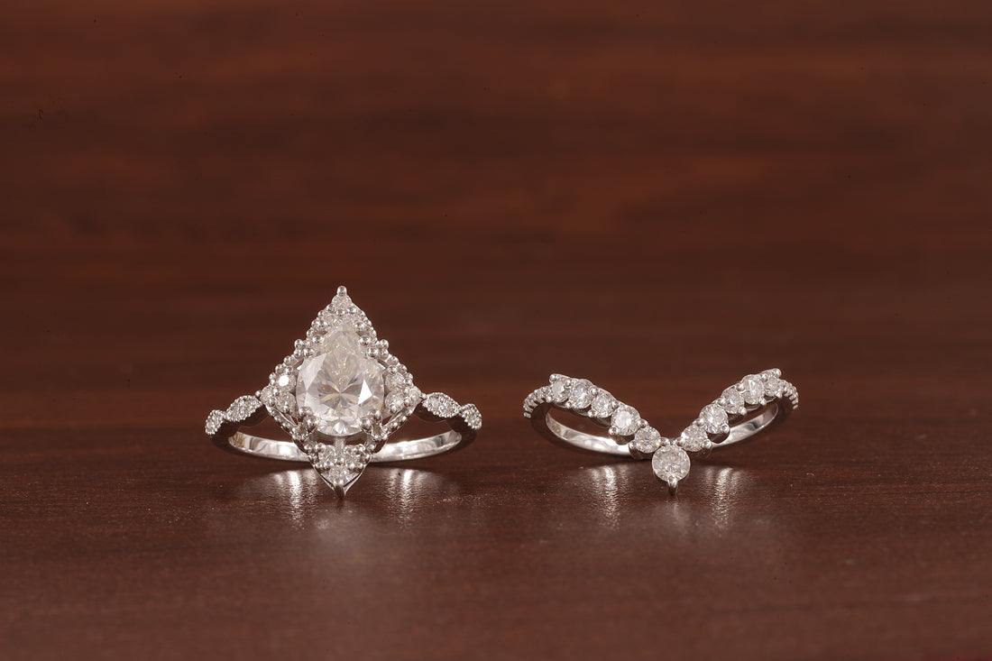 Vintage Moissanite Engagement Ring Set White Gold Pear Shaped Cluster