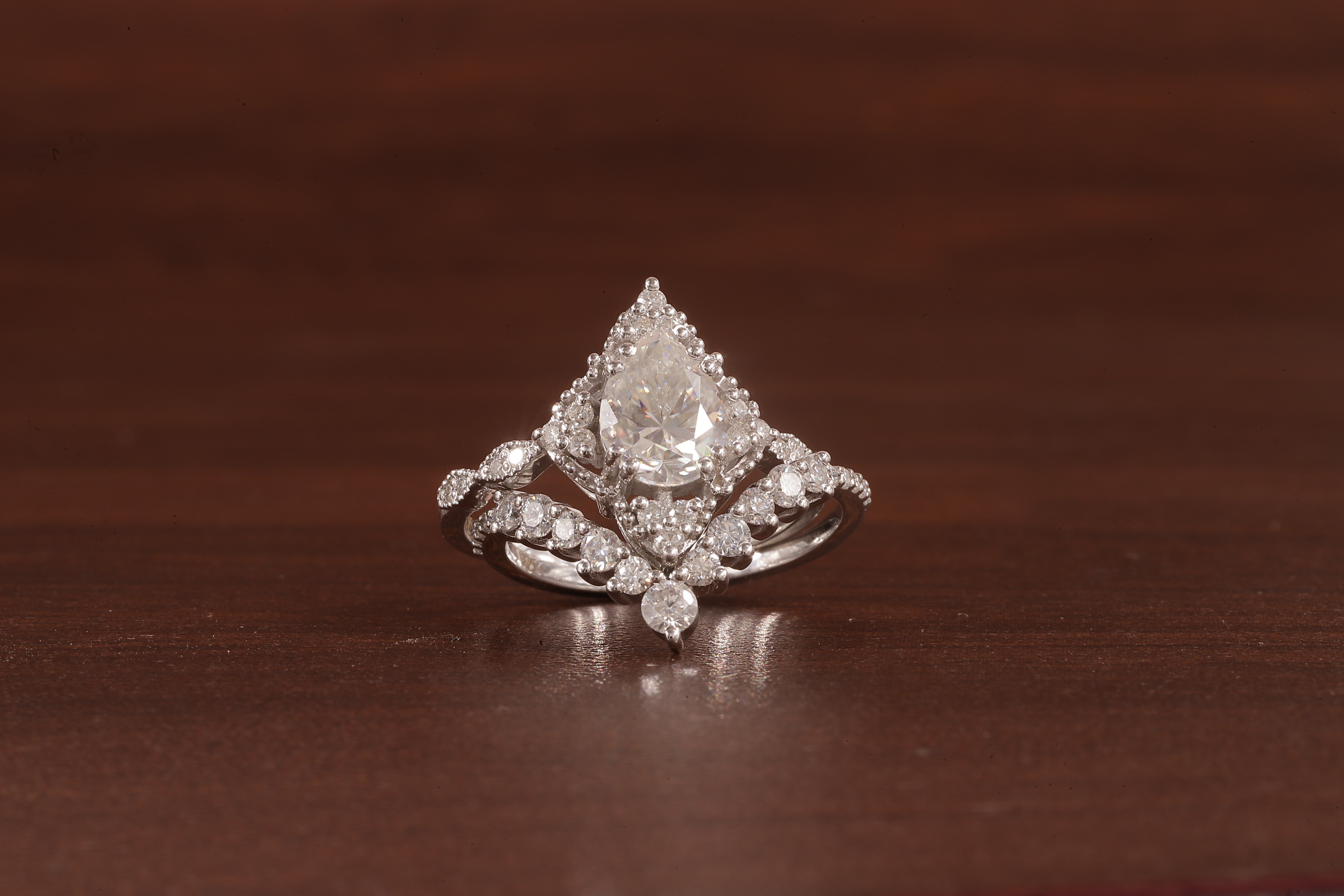Vintage Moissanite Engagement Ring Set White Gold Pear Shaped Cluster