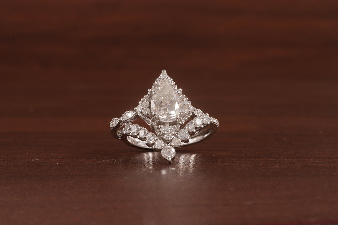 Vintage Moissanite Engagement Ring Set White Gold Pear Shaped Cluster