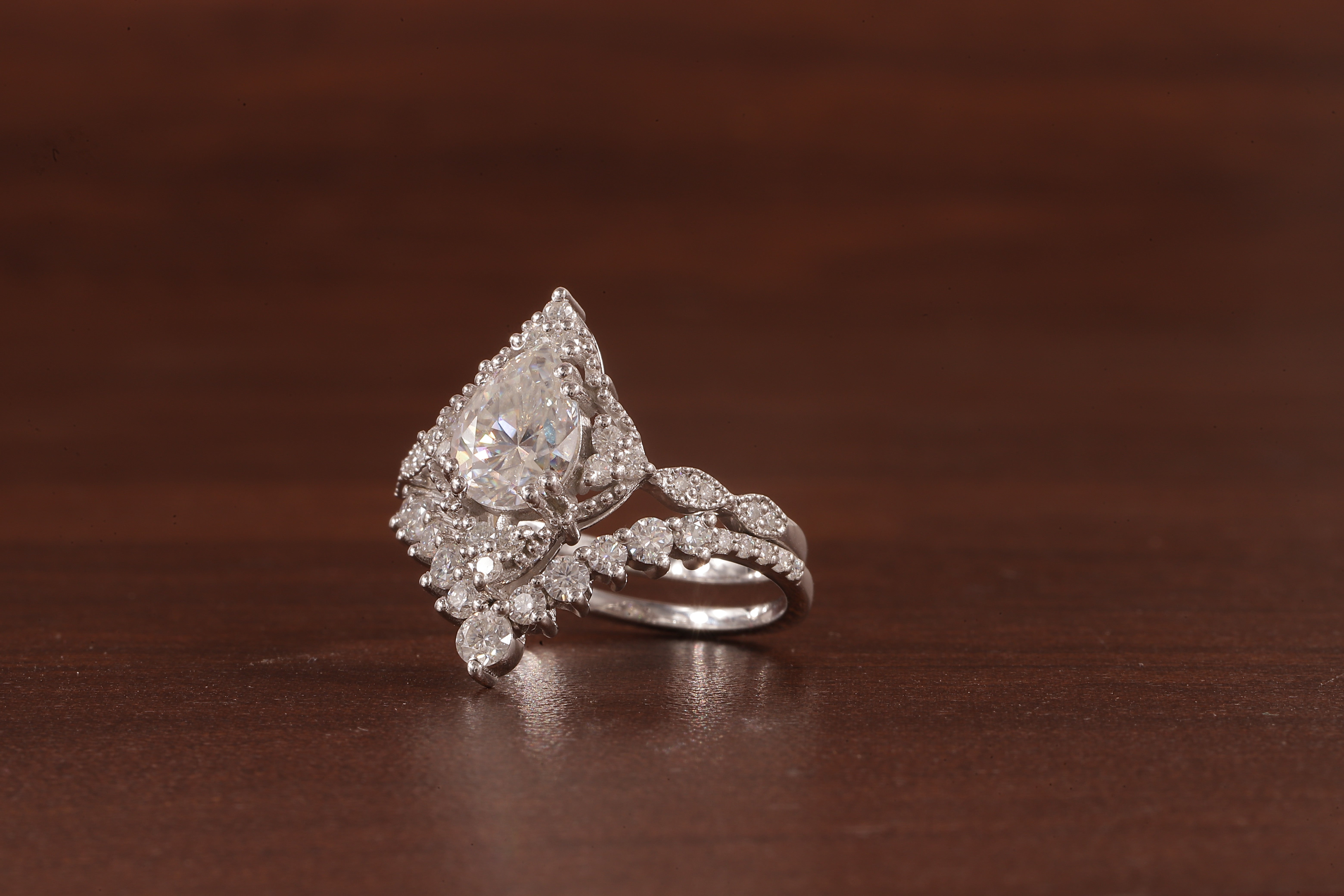 Vintage Moissanite Engagement Ring Set White Gold Pear Shaped Cluster