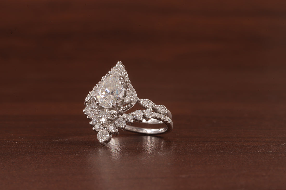 Vintage Moissanite Engagement Ring Set White Gold Pear Shaped Cluster