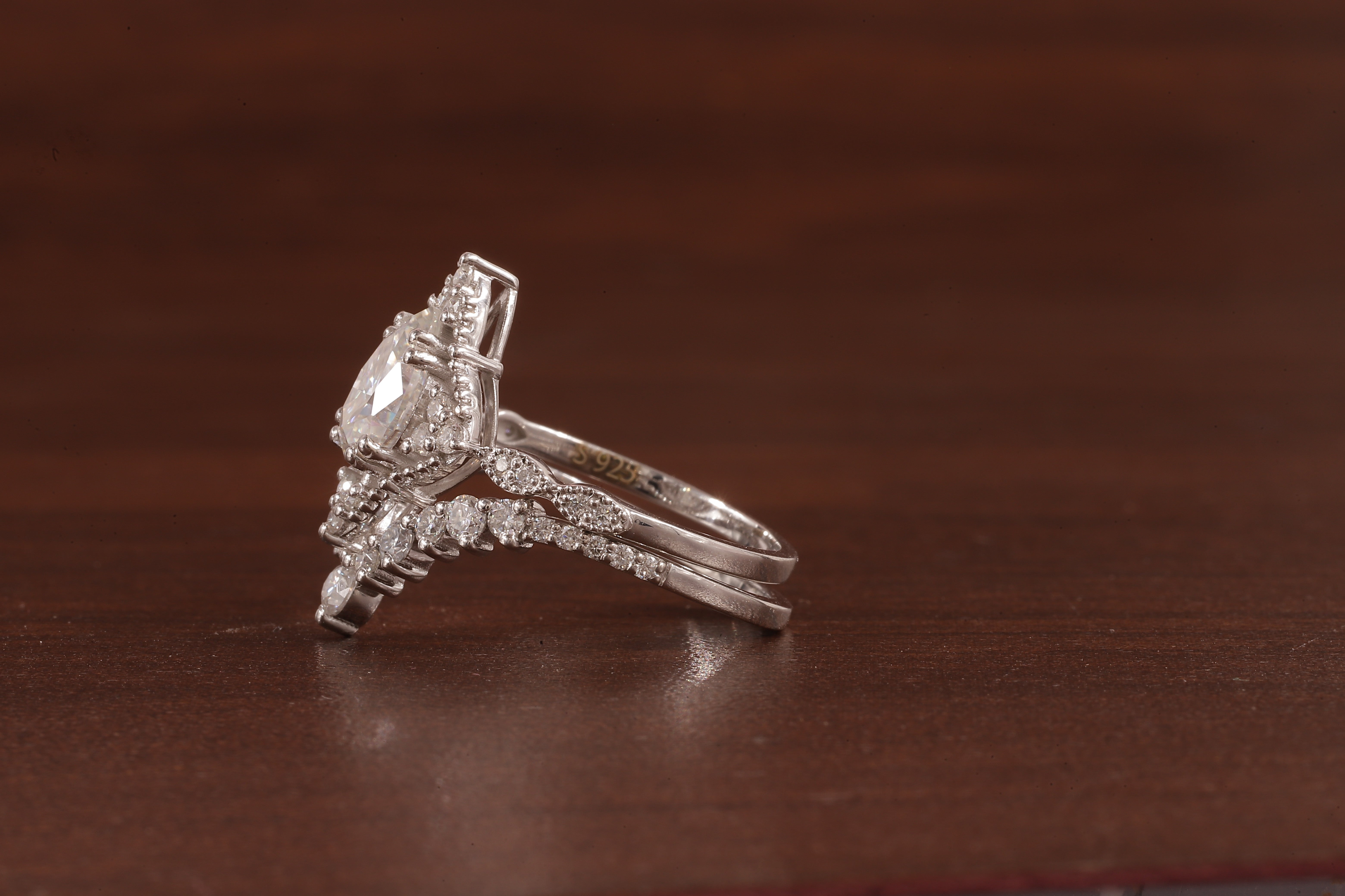 Vintage Moissanite Engagement Ring Set White Gold Pear Shaped Cluster