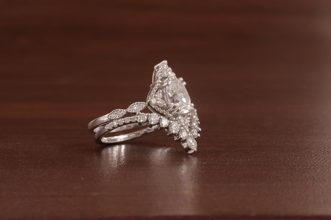 Vintage Moissanite Engagement Ring Set White Gold Pear Shaped Cluster