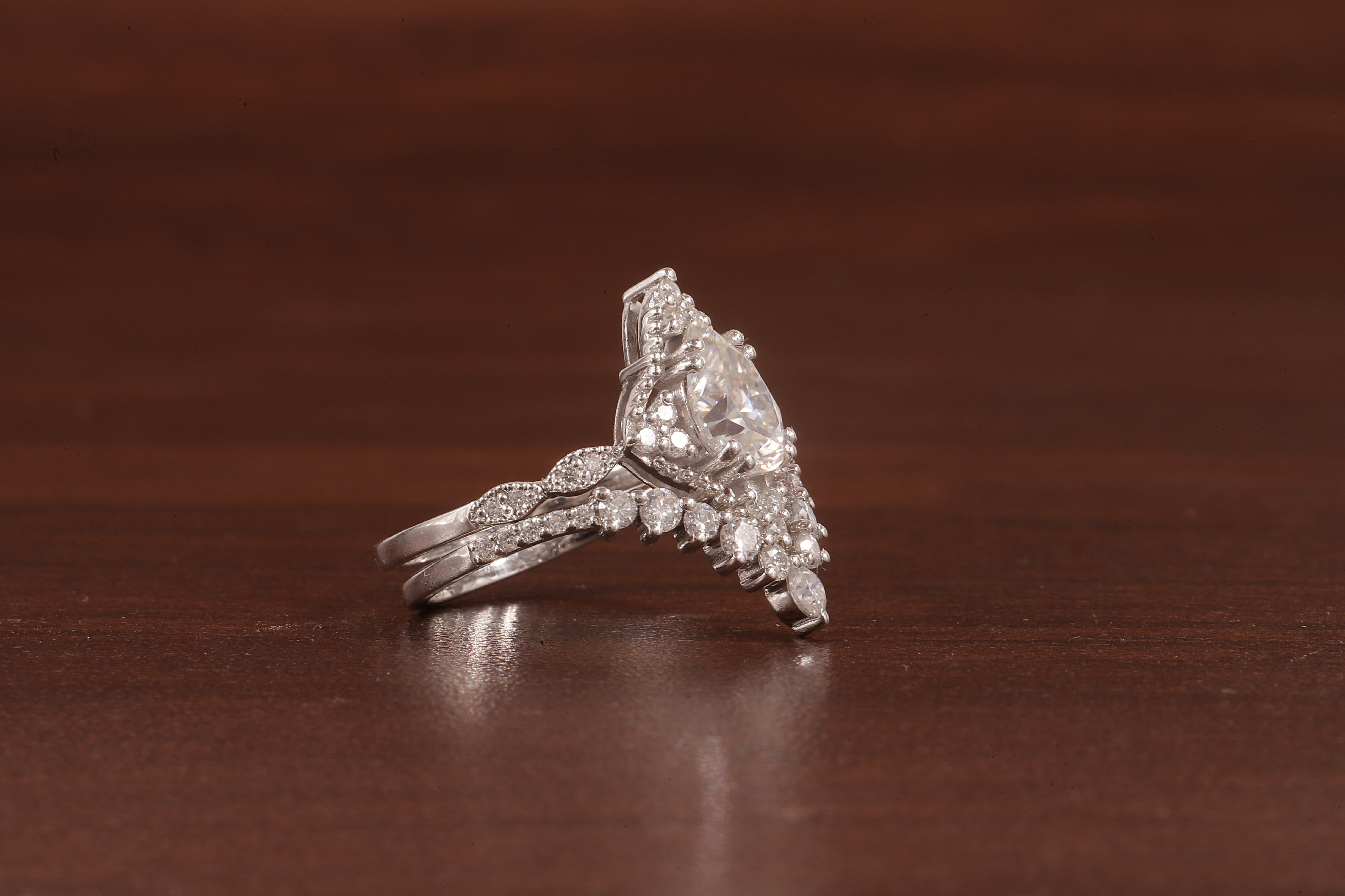 Vintage Moissanite Engagement Ring Set White Gold Pear Shaped Cluster