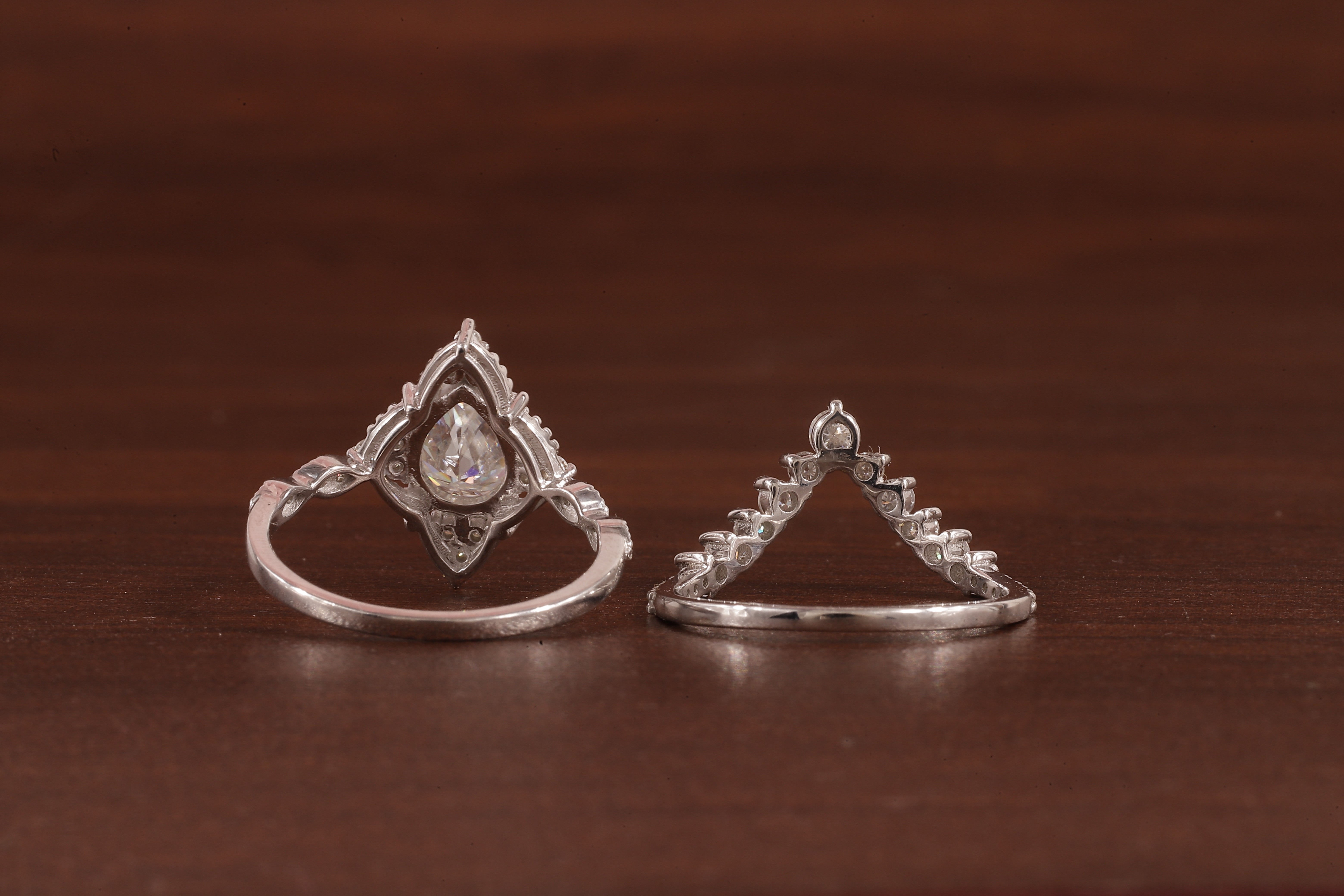 Vintage Moissanite Engagement Ring Set White Gold Pear Shaped Cluster