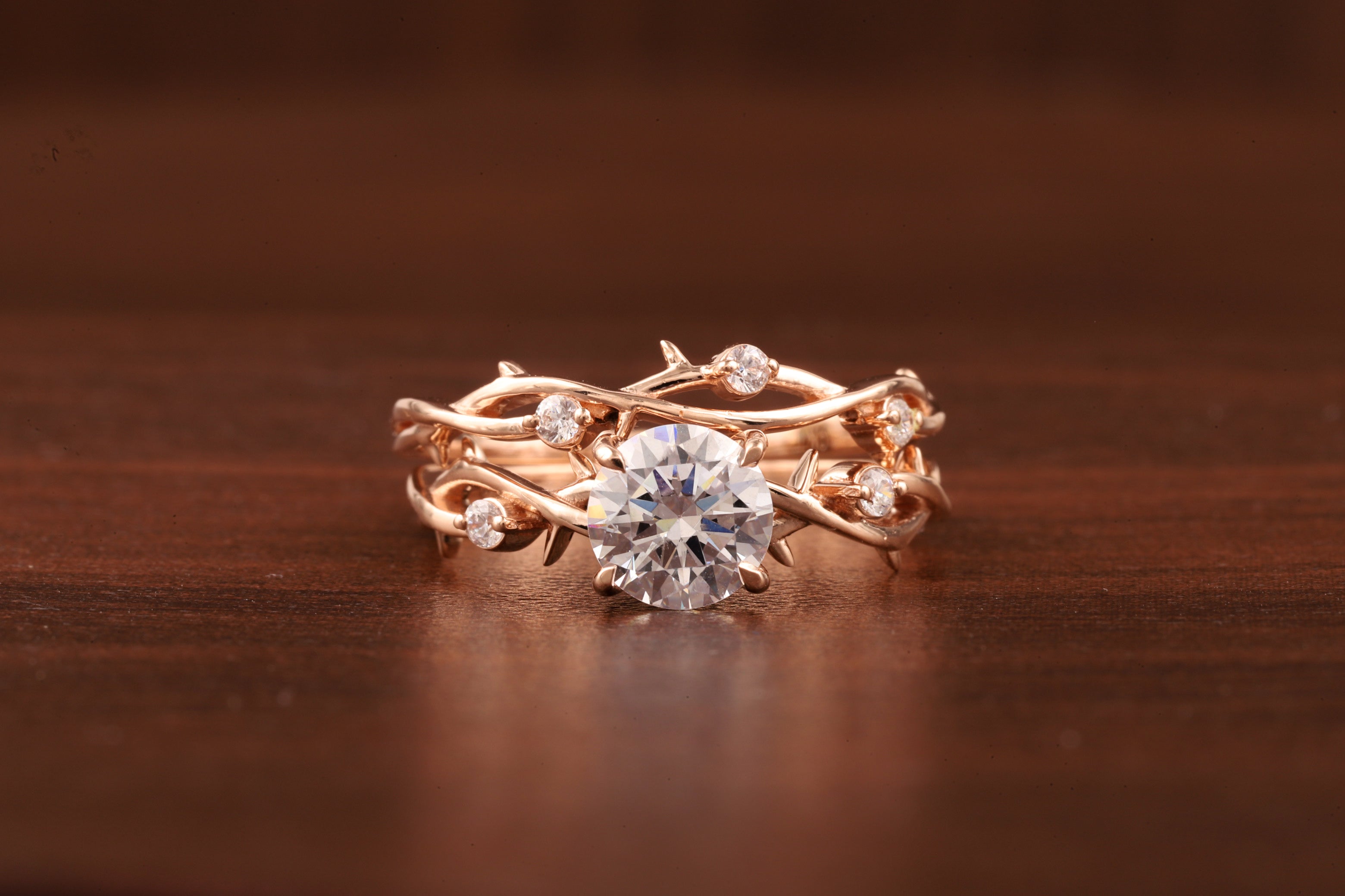 Nature Inspired Round Moissanite Engagement Ring Set in Rose Gold | Vine Leaf Bridal Ring Set
