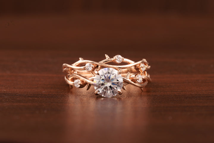 Nature Inspired Round Moissanite Engagement Ring Set in Rose Gold | Vine Leaf Bridal Ring Set