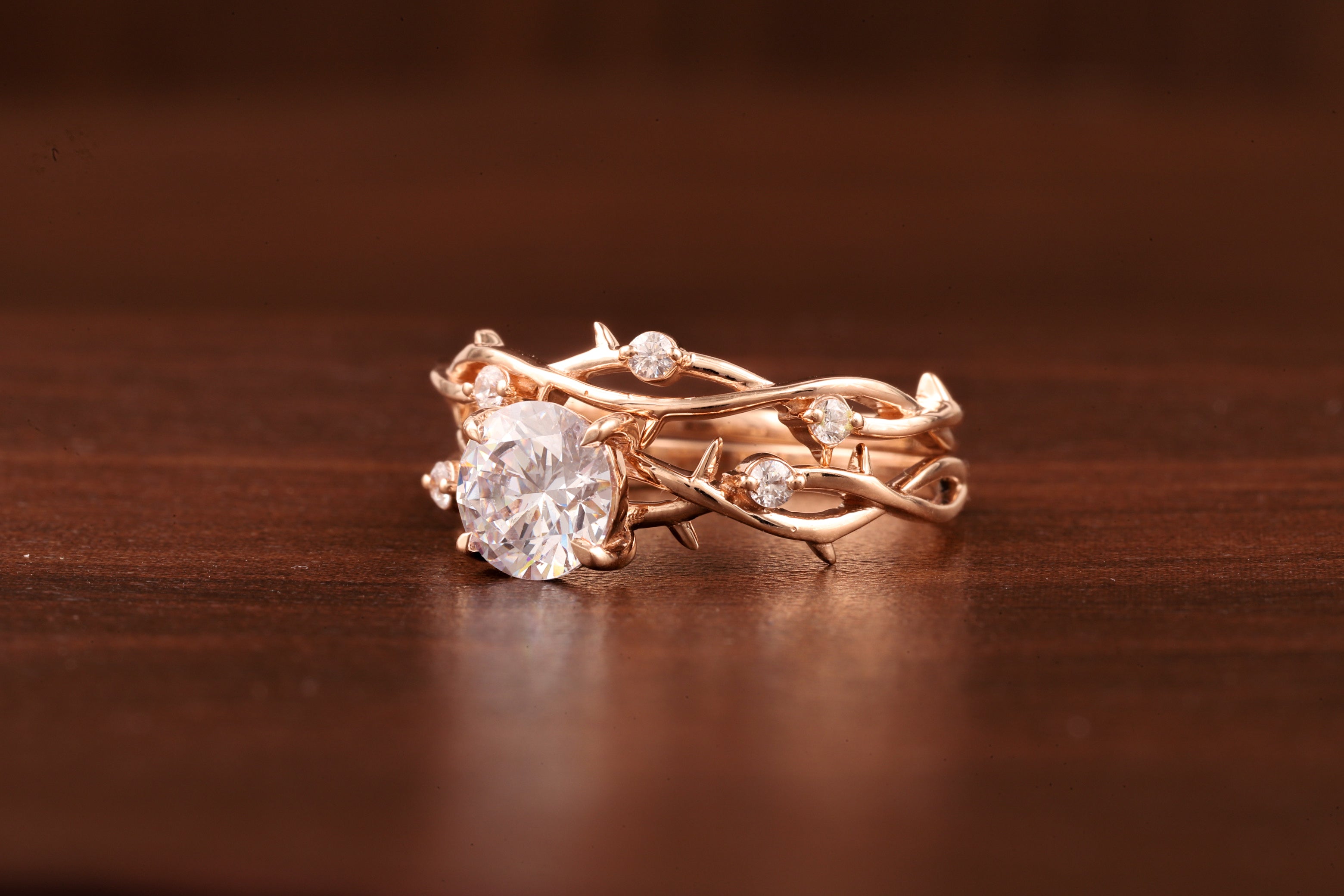 Nature Inspired Round Moissanite Engagement Ring Set in Rose Gold | Vine Leaf Bridal Ring Set