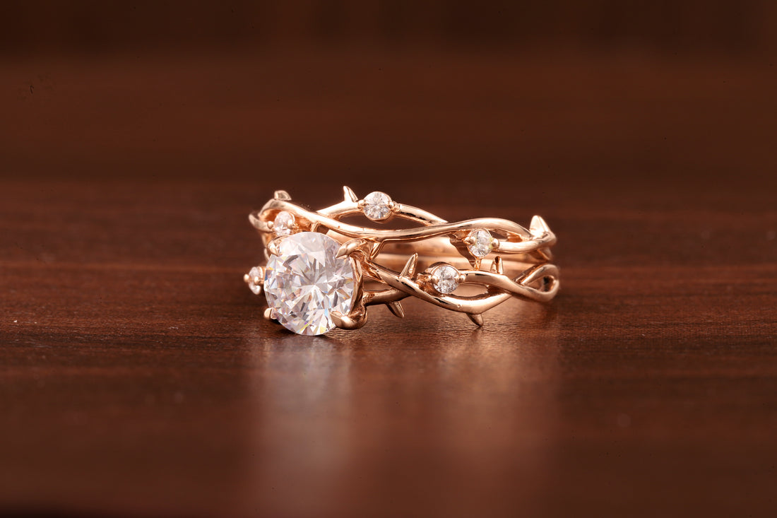 Nature Inspired Round Moissanite Engagement Ring Set in Rose Gold | Vine Leaf Bridal Ring Set