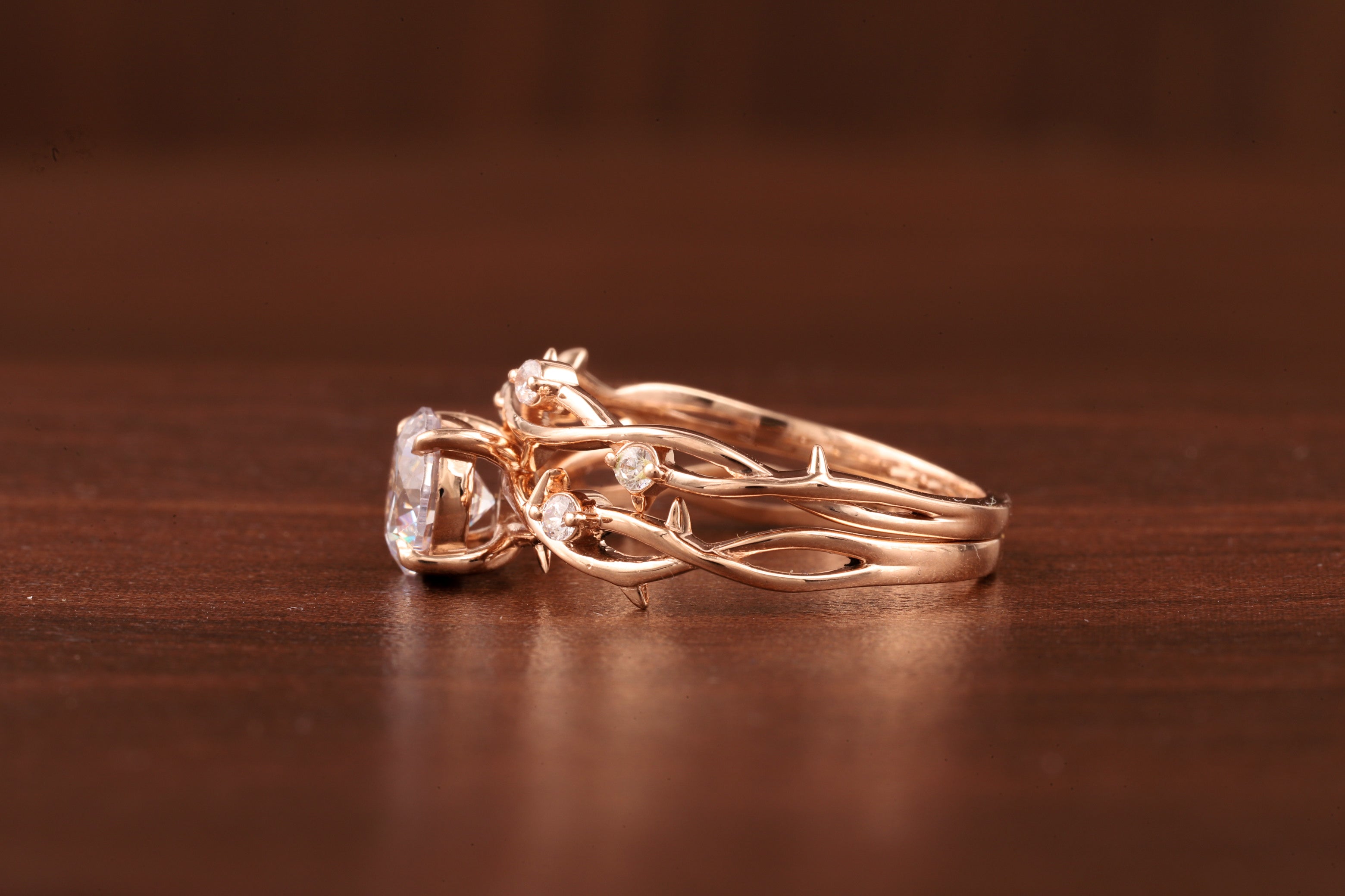 Nature Inspired Round Moissanite Engagement Ring Set in Rose Gold | Vine Leaf Bridal Ring Set