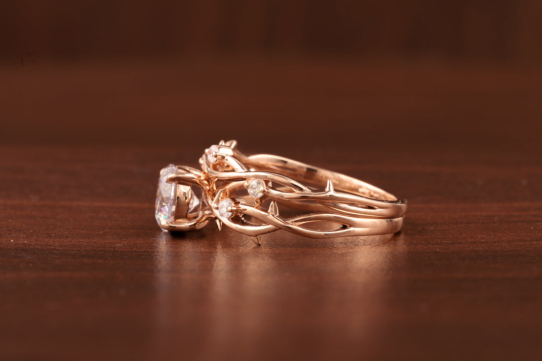Nature Inspired Round Moissanite Engagement Ring Set in Rose Gold | Vine Leaf Bridal Ring Set