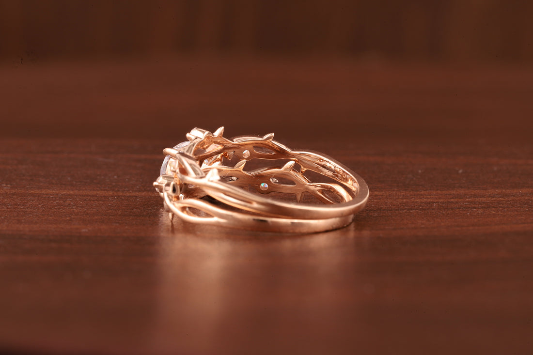 Nature Inspired Round Moissanite Engagement Ring Set in Rose Gold | Vine Leaf Bridal Ring Set