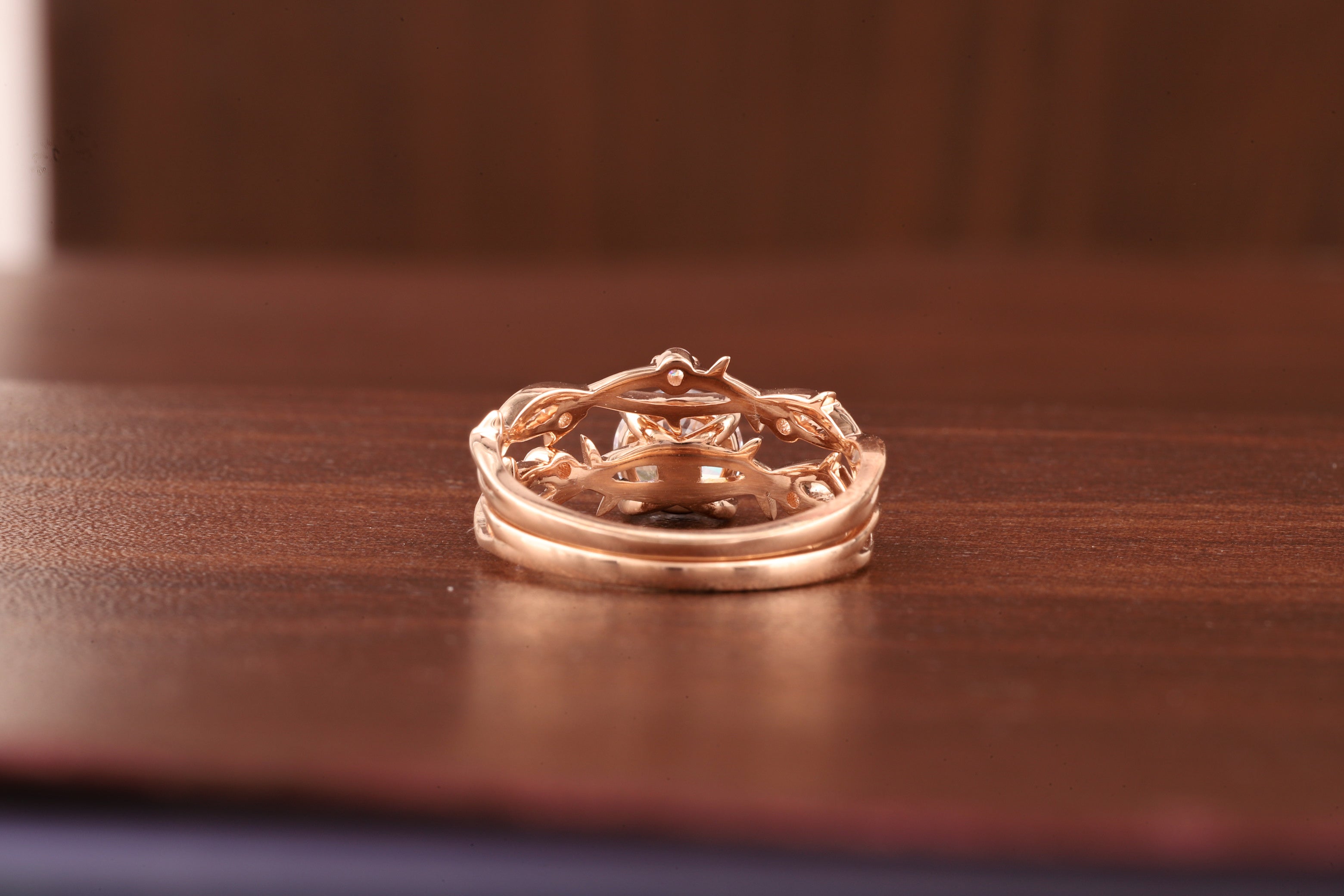 Nature Inspired Round Moissanite Engagement Ring Set in Rose Gold | Vine Leaf Bridal Ring Set