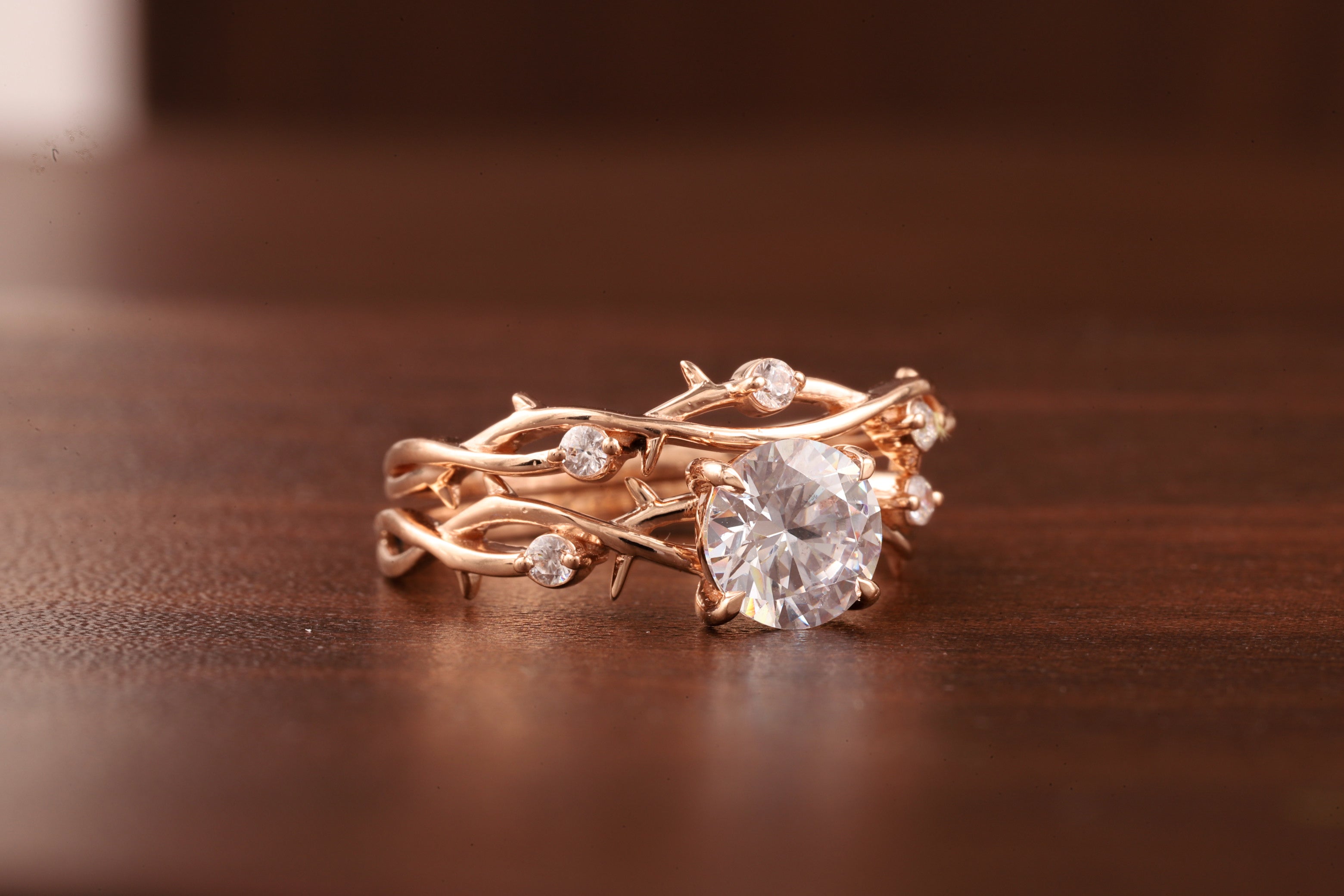 Nature Inspired Round Moissanite Engagement Ring Set in Rose Gold | Vine Leaf Bridal Ring Set