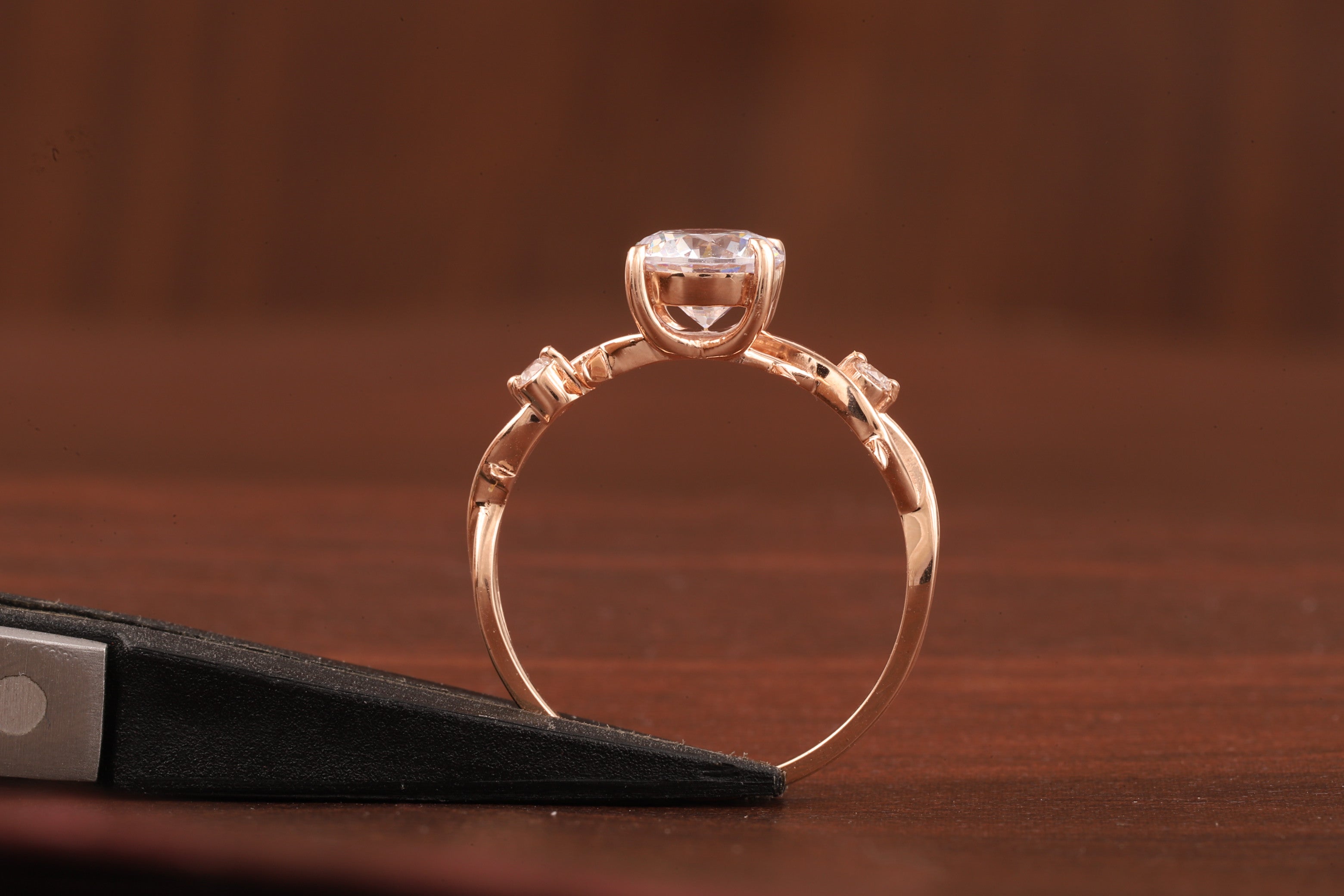 Nature Inspired Round Moissanite Engagement Ring Set in Rose Gold | Vine Leaf Bridal Ring Set