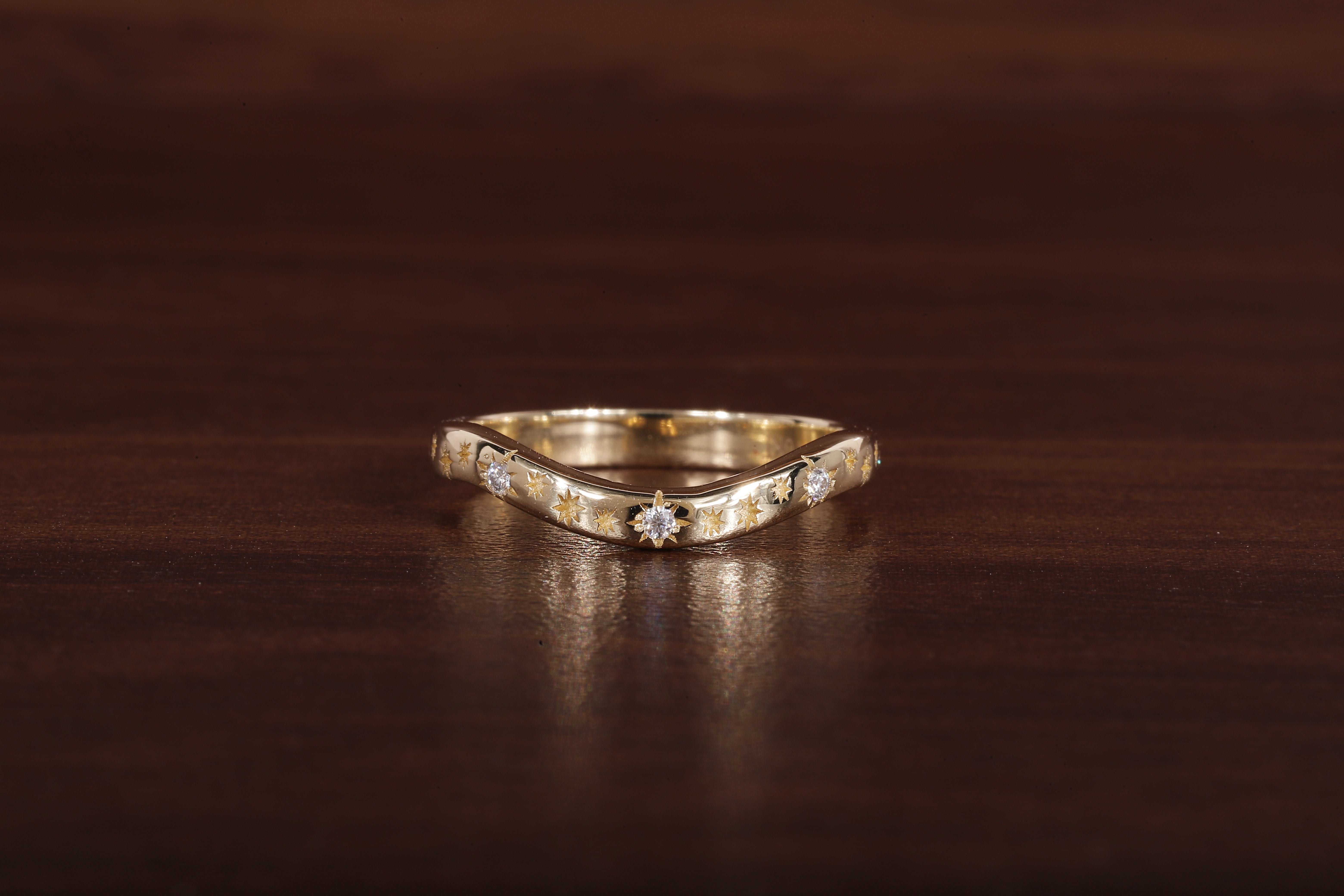 Starburst curve Wedding Band Ring, 14k Solid Gold Dainty Star